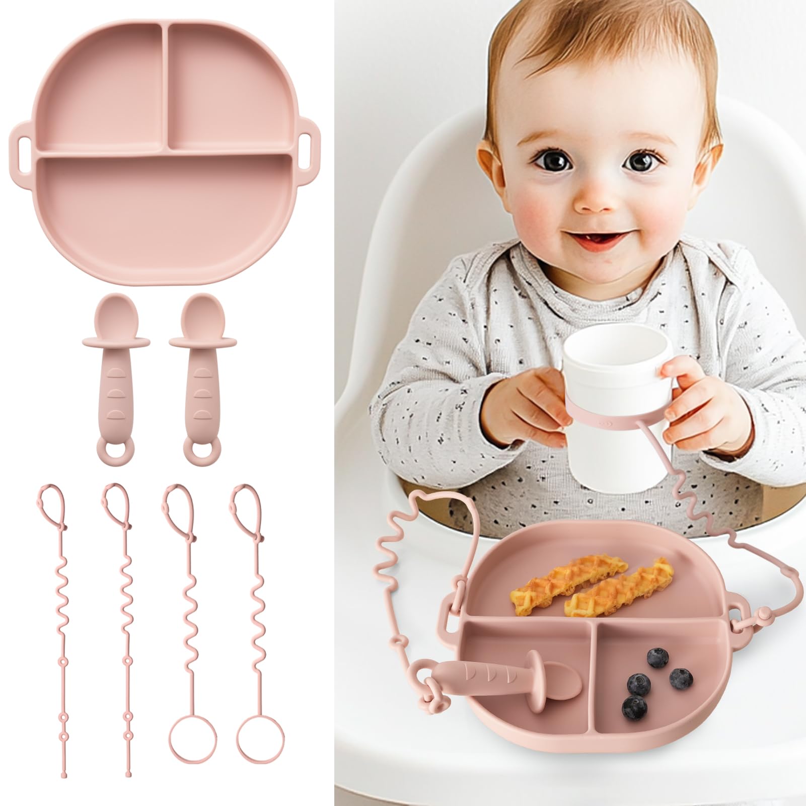 **Silicone Baby Plates with Suction & Divided Sections - Includes Baby Spoons, Safety Toy Straps & Bottle Bungees - All-in-One Feeding Set for Toddlers & Infants - Perfect for High Chairs, Travel & Mess-Free Meals - Blush Pink**