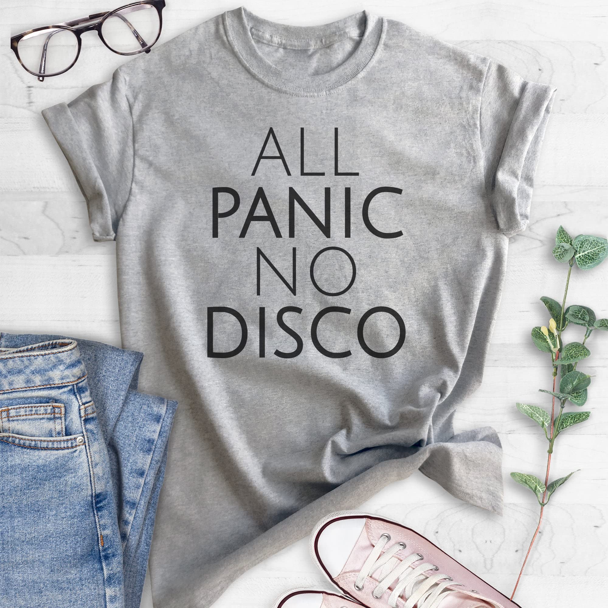 All Panic No Disco Unisex T-Shirt - Anxiety Relief Funny Graphic Tee for Women & Men - Soft Heather Gray Cotton Shirt - Large Size - Perfect for Social Anxiety, Introvert Outings & Mental Health Awareness