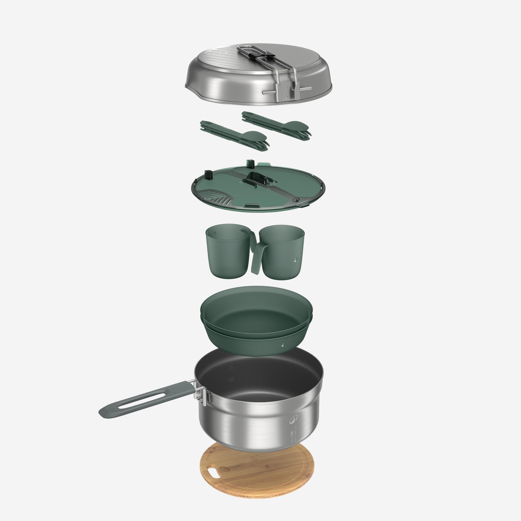 Quechua 500 15-Piece Stainless Steel Non-Stick Camping Cookware Set for 2 People - Lightweight Outdoor Cooking Kit for Hiking, Backpacking & Camping Trips