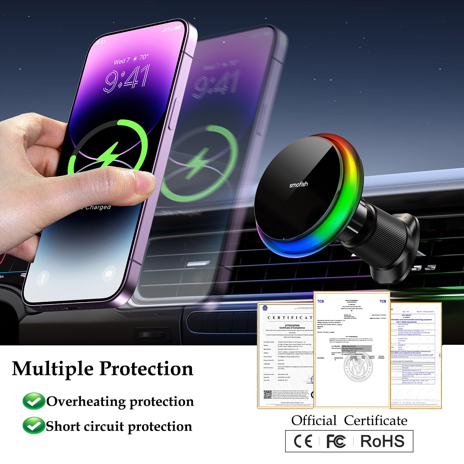Magnetic Car Vent Mount with 15W Fast Wireless Charging - LED RGB Phone Holder for iPhone 16/15/14/13/12 | Secure Hands-Free Charging Solution for Commuting & Road Trips