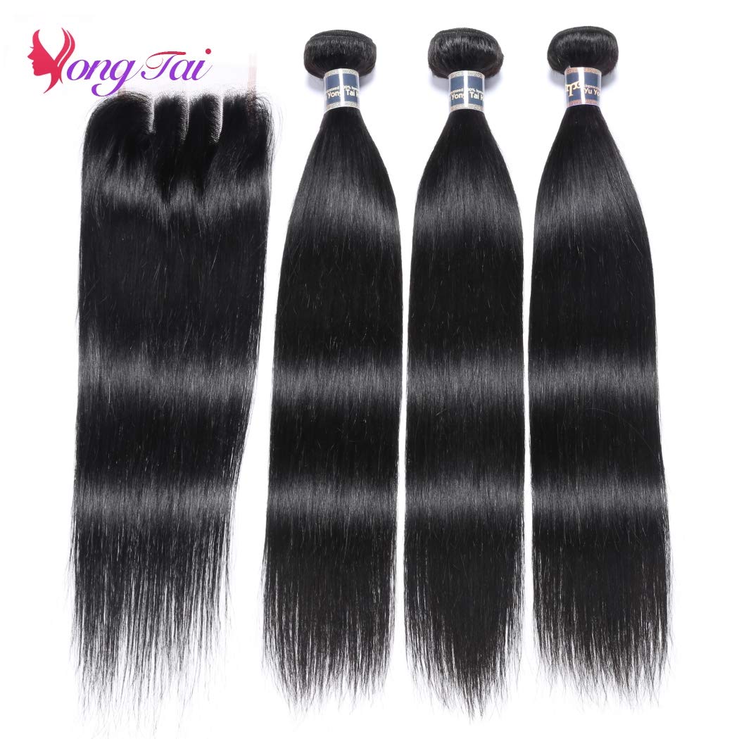 100% Unprocessed Malaysian Straight Human Hair Bundles with Closure (18 20 22+16, 3 Part) - 1B Color Natural Straight Hair Extensions for Styling, Volume & Length | Perfect for Daily Wear, Parties & Special Occasions