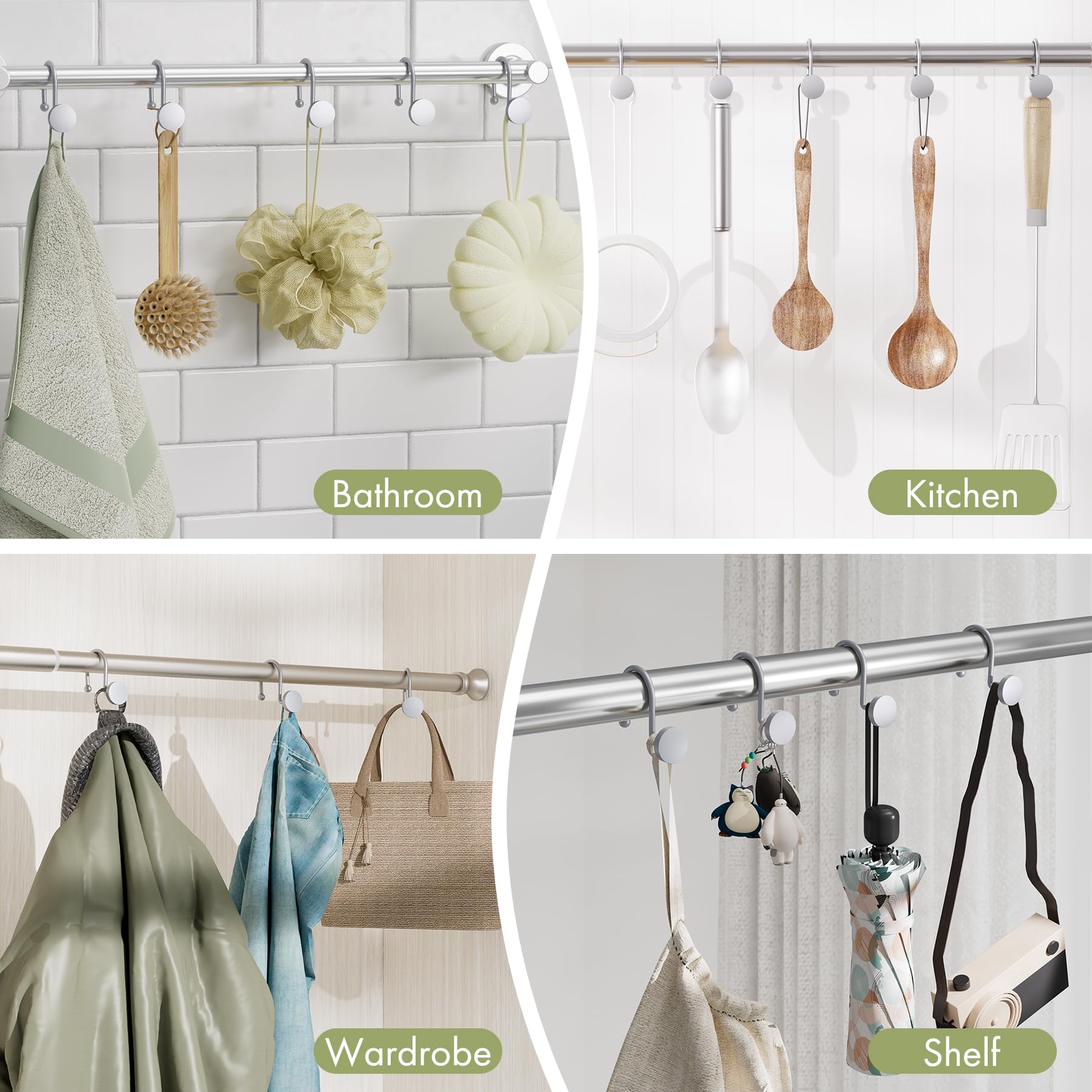 Premium Silver Shower Curtain Hooks - 12PCS Heavy Duty Rust-Proof Metal Rings for Bathroom Decor, Modern Shower Rod Hooks for Liners & Curtains - Perfect for Bathroom, Hotel, and Spa Renovations