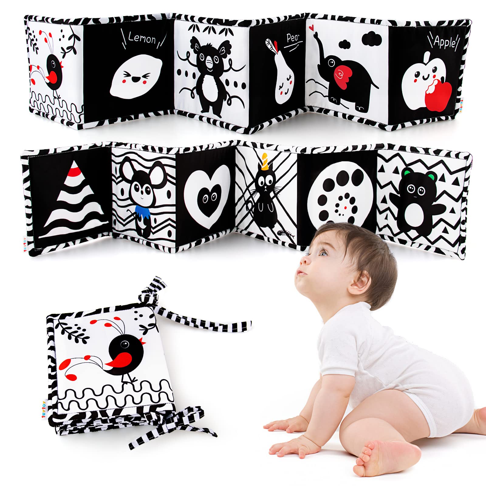 Teytoy Black and White High Contrast Baby Book - Newborn Sensory Toys 0-6 Months for Brain Development | Tummy Time, Stroller, Crib & Car Seat Activity | Soft Crinkle Folding Book for Infant Visual Stimulation and Early Learning