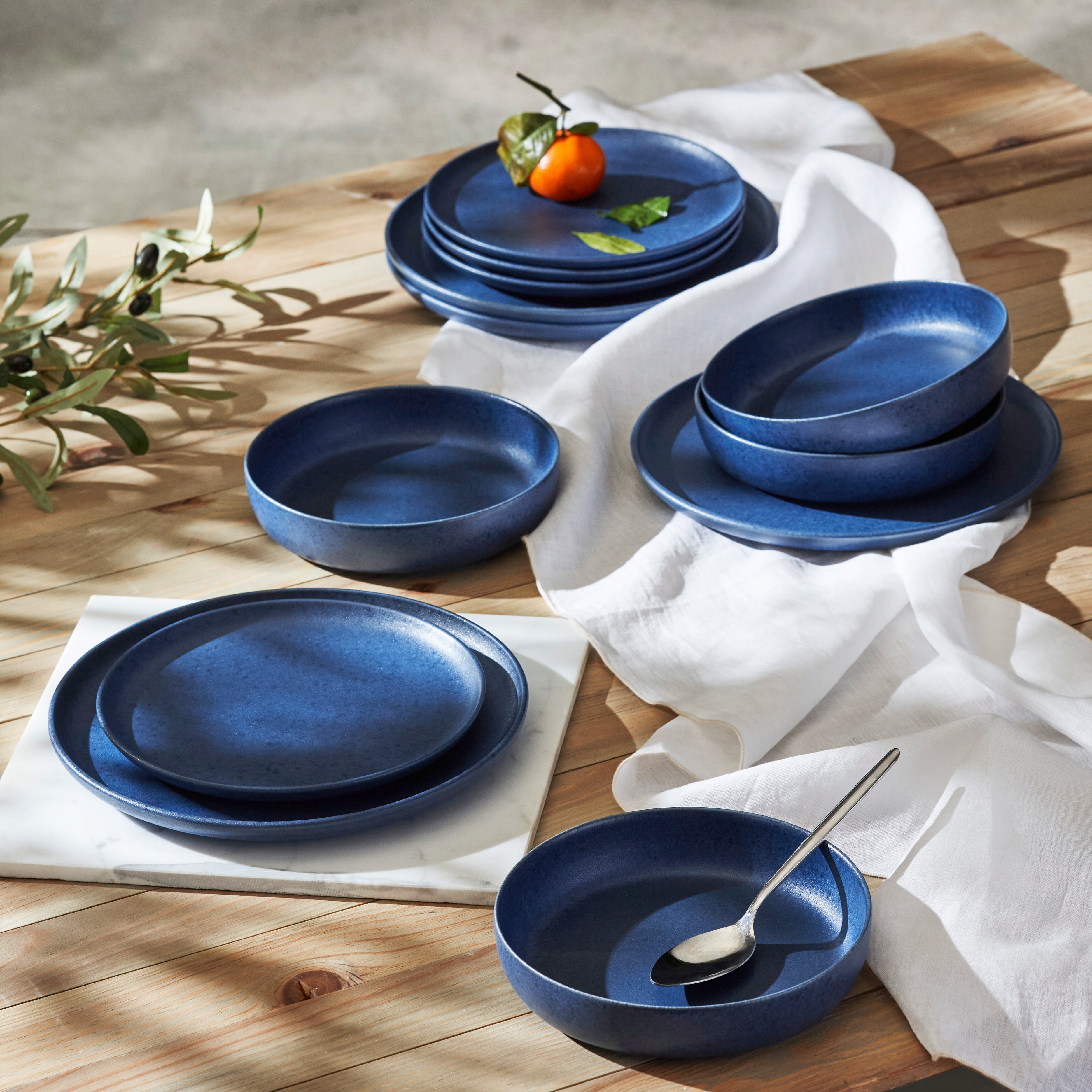 Premium Macchio Stoneware Dinnerware Set - Blue Matte Finish, Handcrafted in Portugal, Scratch & Chip Resistant - Elegant Table Setting for Everyday Meals & Dinner Parties