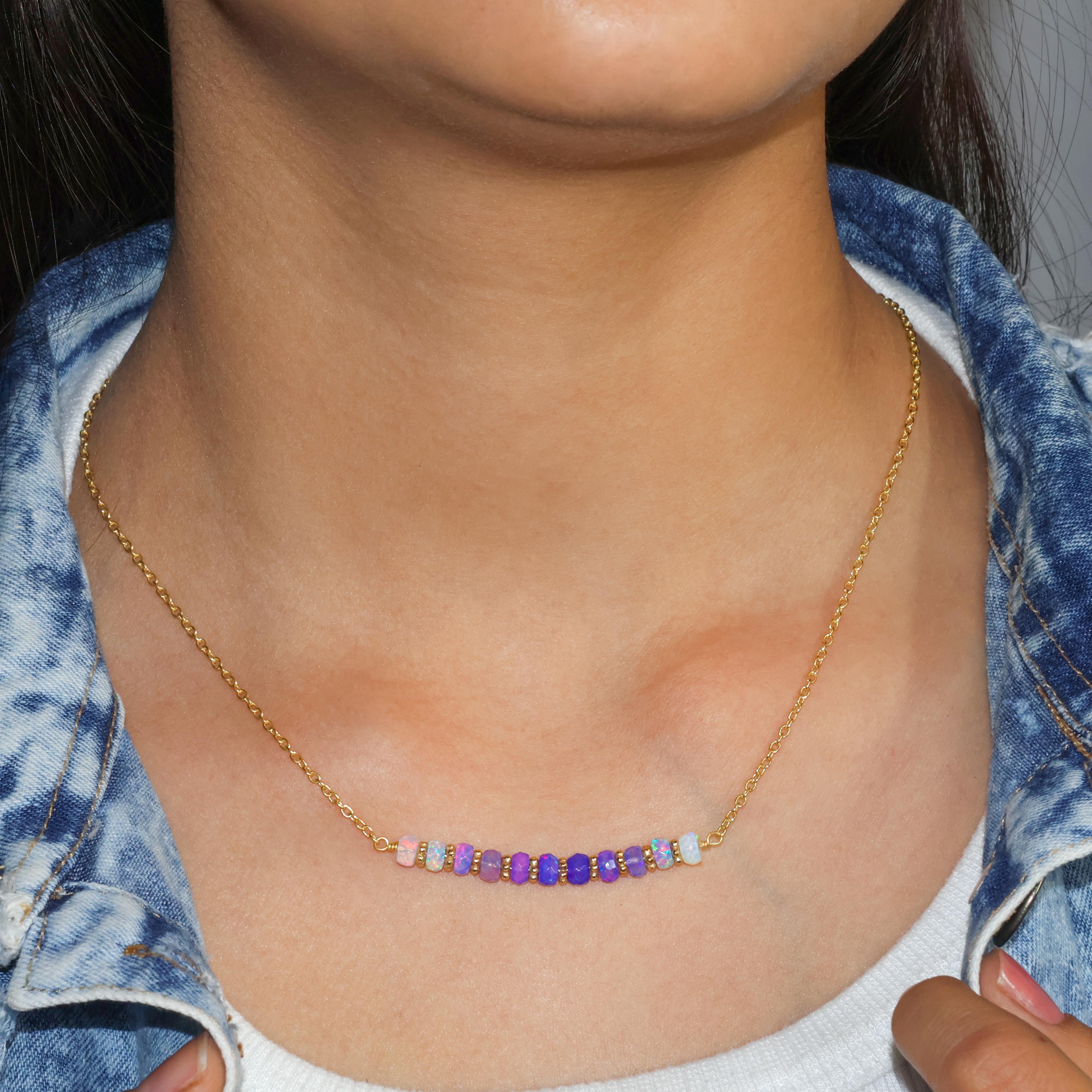 Natural Lavender Opal Beaded Bar Chain Necklace for Women - Elegant Boho Jewelry for Everyday Wear & Special Occasions