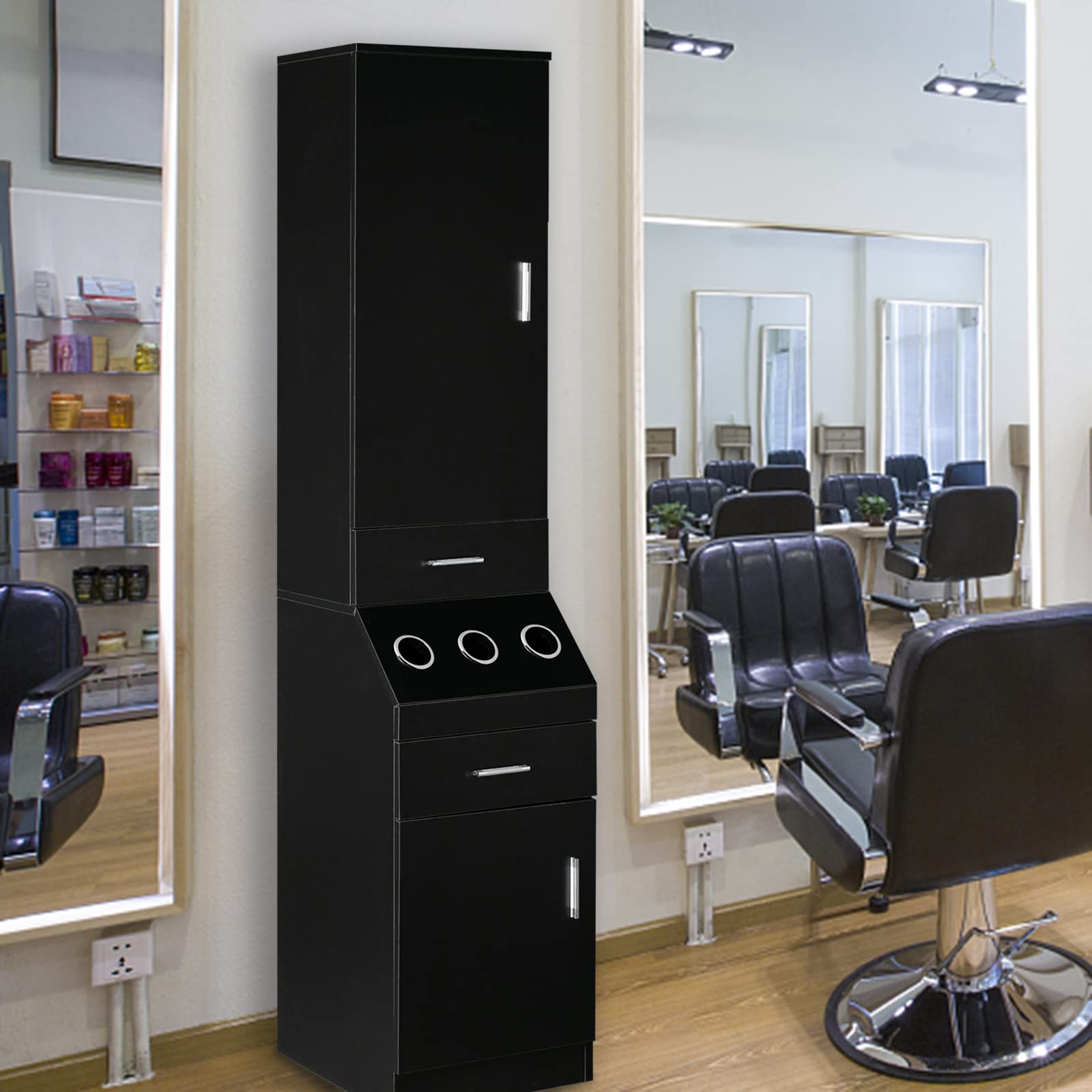 OmySalon Professional Barber Station with 2-Tier Storage Shelf, 2 Drawers, Large Cabinet & 3 Hot Tool Holders - Perfect for Salon, Barbershop & Home Hair Styling Organization - Black