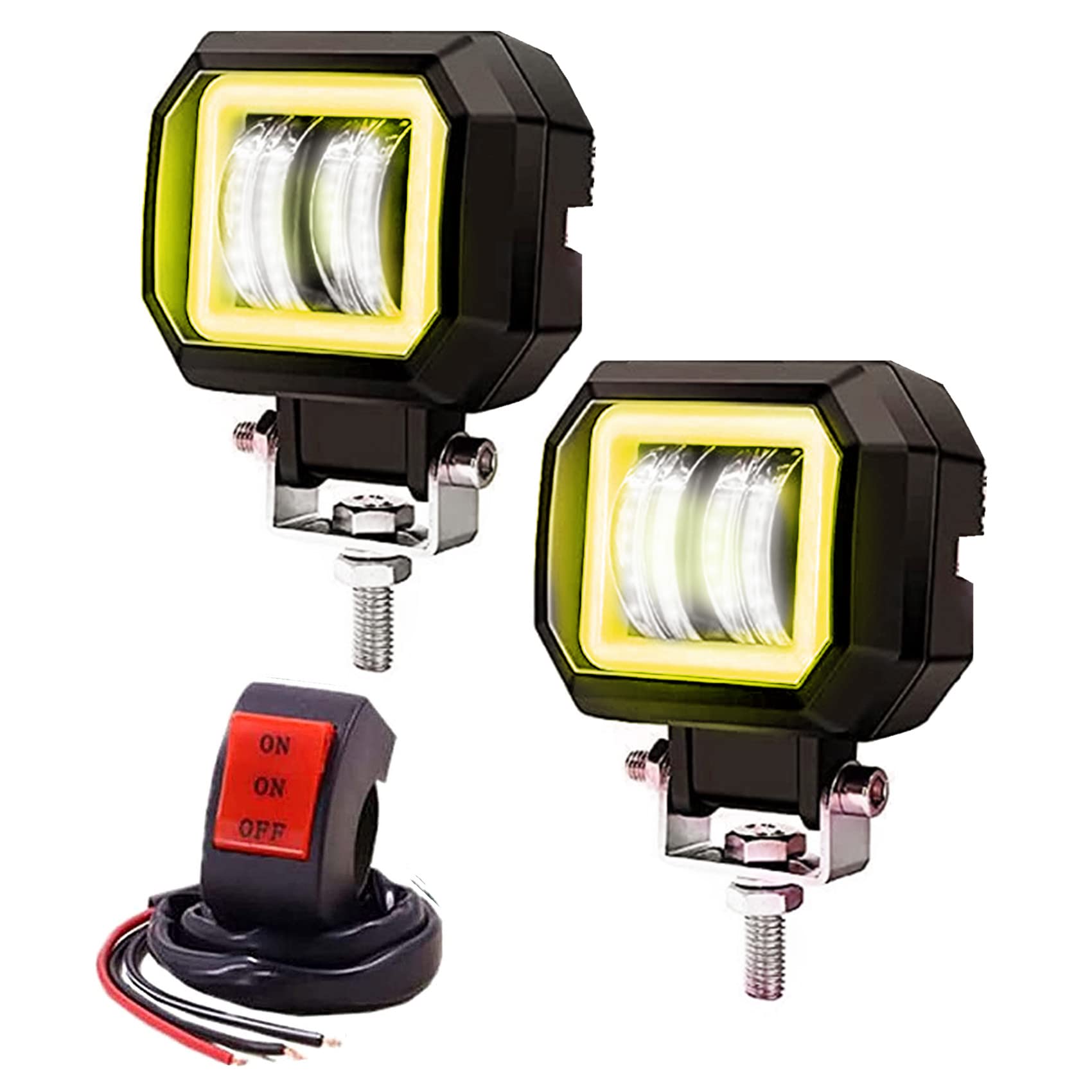 Ourbest Motorcycle LED Driving Lights - Square Spotlight Fog Lights for Motorbike, ATV, Bicycle | Durable Off-Road Lighting with Yellow Ring | Perfect for Night Riding, Trail Adventures & Off-Road Excursions