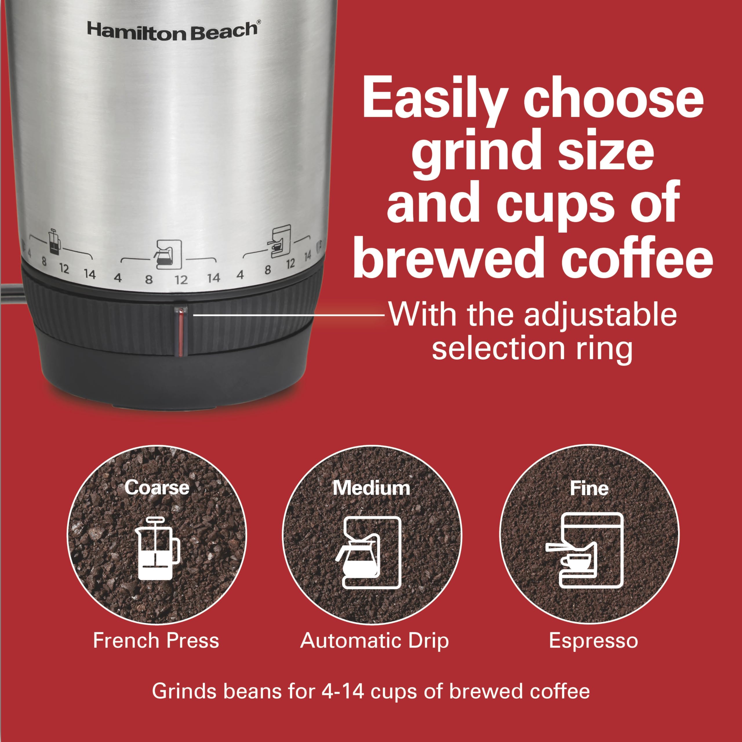 Hamilton Beach 80406 Custom Grind Electric Coffee Grinder - One-Touch Operation for 4-14 Cups, Auto Shutoff & Removable Stainless Steel Bowl - Perfect for Home Brewing, Office Use & French Press Coffee Makers
