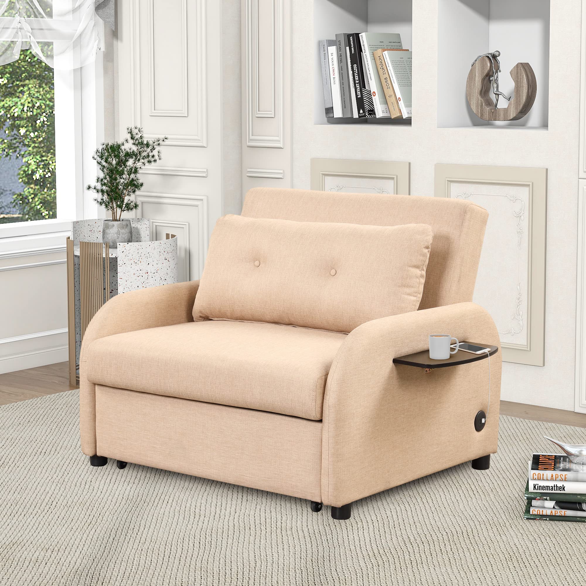 Merax Modern Pull Out Sofa Bed with 2 Wing Tables, Side Pockets & USB Charging Port - 41.5