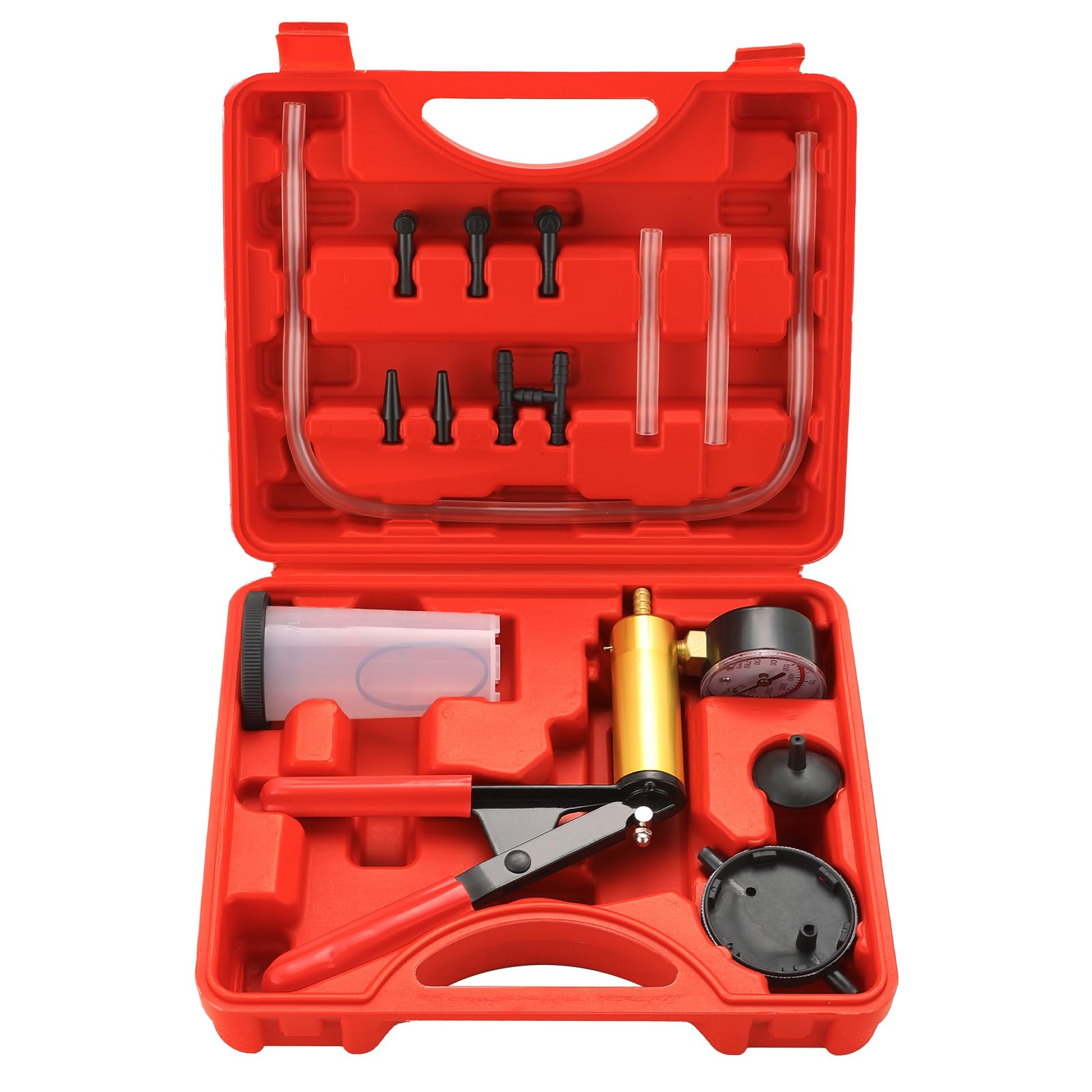 2-in-1 Brake Bleeder & Vacuum Pump Kit - Professional Handheld Tool for Brake & Clutch Maintenance with Pressure Gauge, Adapters & Storage Case (Red) | Perfect for Car, Motorcycle & DIY Auto Repair at Home or Garage