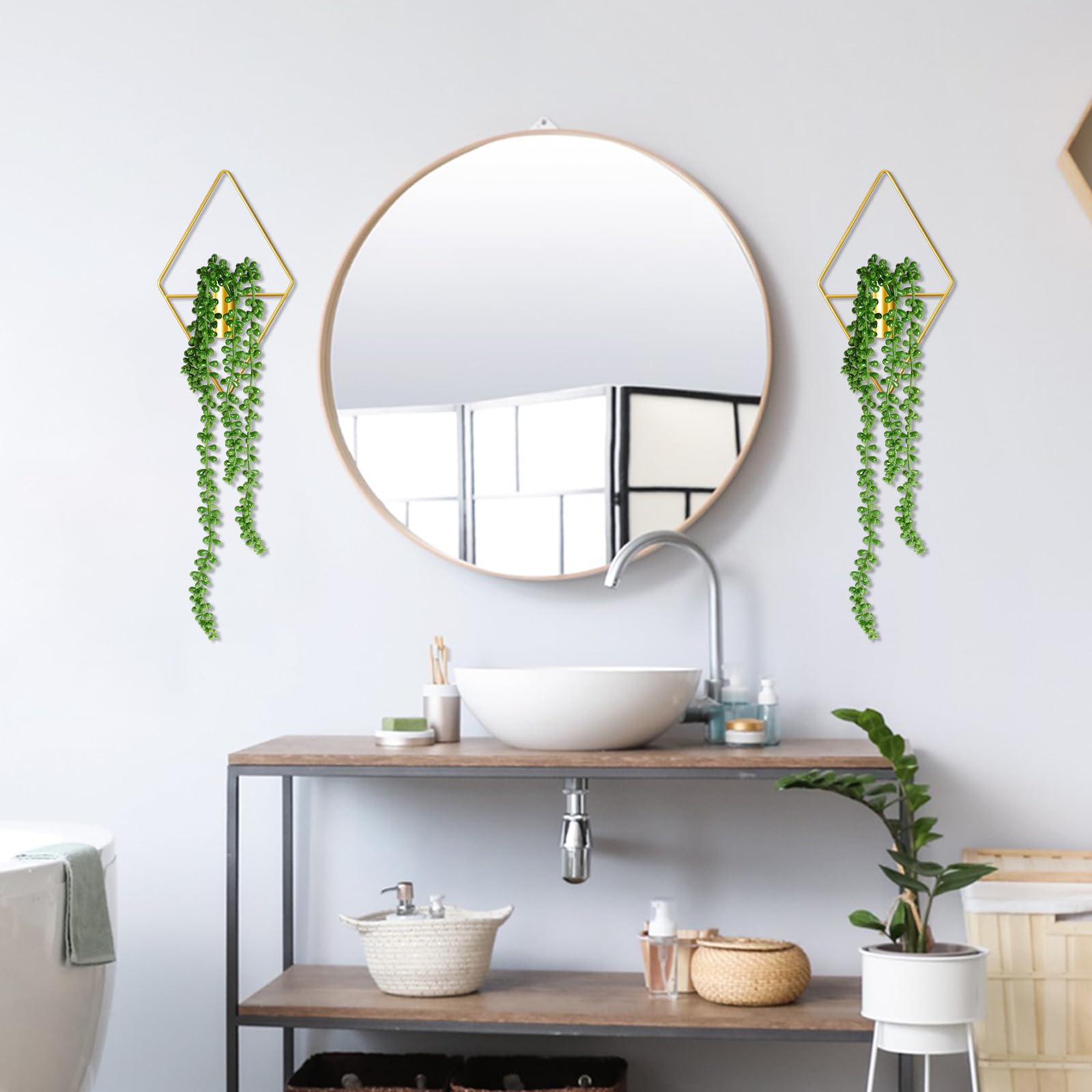 Jexine 2 Pack Boho Wall Decor Gold Hanging Planters with Artificial Succulent Plants - Metal Wall Art for Home Decor Display in Bedroom, Bathroom & Living Room - Perfect for Bohemian Style Interior Design and Small Space Decorating
