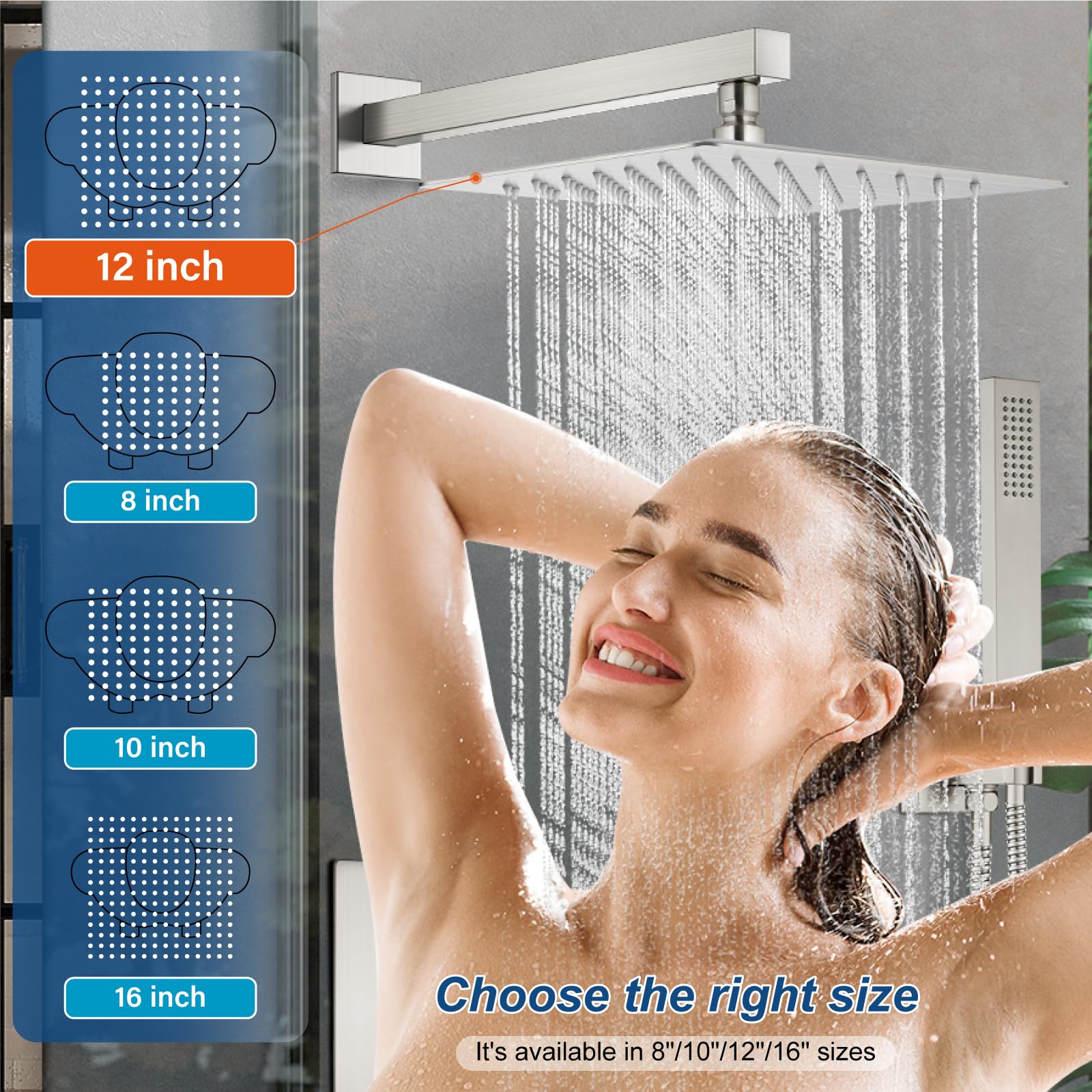 Midanya 12 Inch Square Rainfall Shower System - Brushed Nickel Wall Mount Shower Faucet Set with Handheld Sprayer, Rough-in Valve & Trim Kit - Luxury Bathroom Mixer Shower Combo for Spa-like Experience