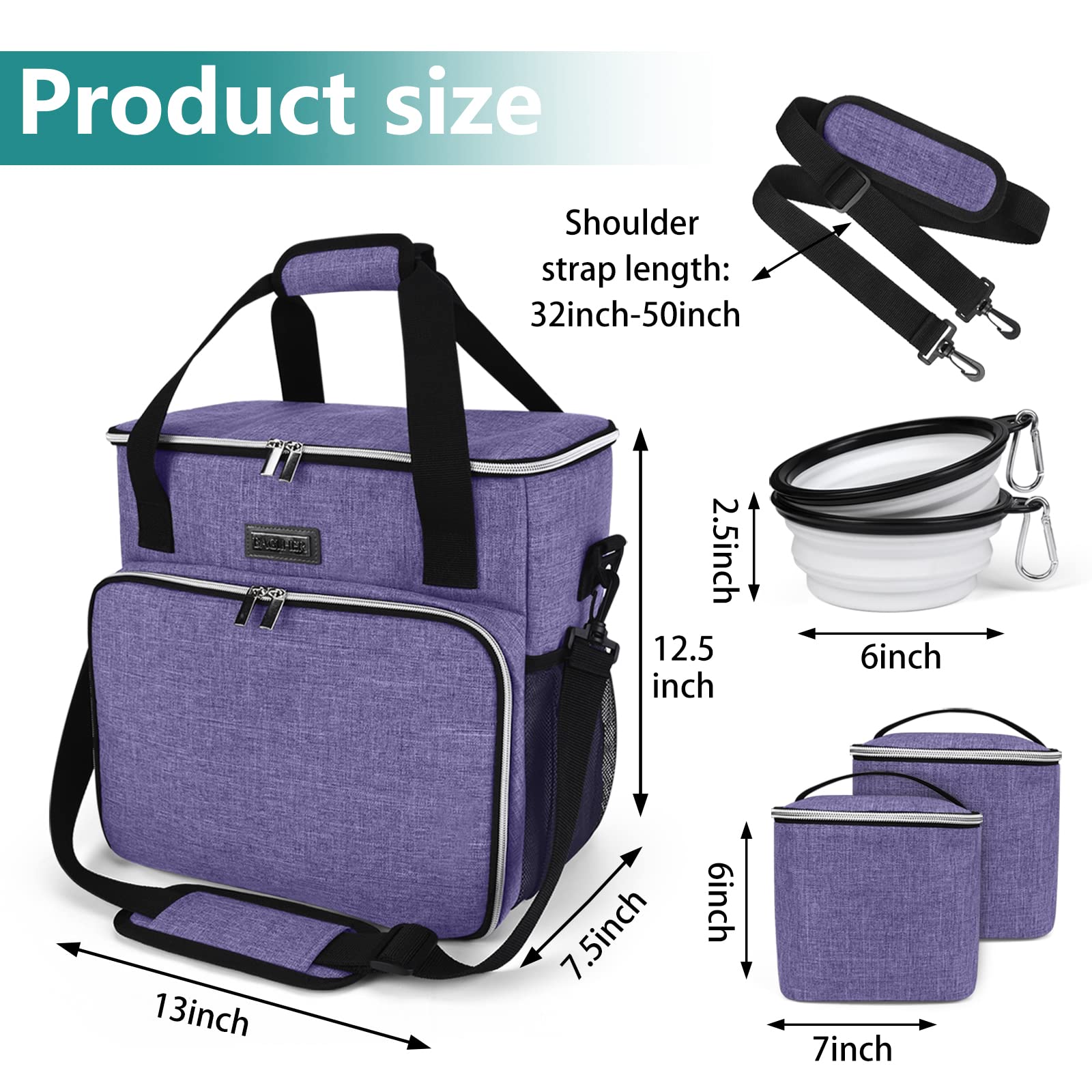 BAGLHER Dog Travel Bag - Durable Pet Carrier with 2 Food Containers & 2 Collapsible Bowls | Essential Travel Accessories for Dogs & Cats | Perfect for Road Trips, Airplane Travel & Outdoor Adventures (Purple)