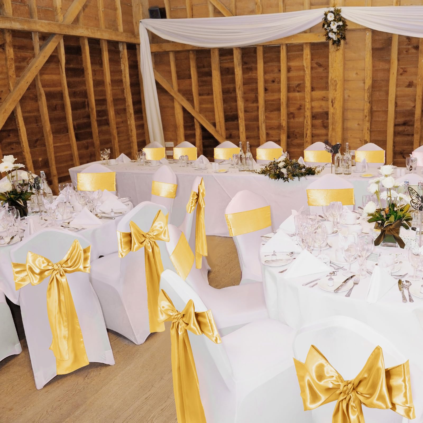 100 Pcs Wedding Chair Covers Set - 50 Stretch Spandex Chair Covers + 50 Decorative Elastic Sashes - Gold & White for Wedding Banquet, Party, Dining Room & Kitchen Decorations - Elegant Chair Bows for Bridal Showers, Receptions & Special Events