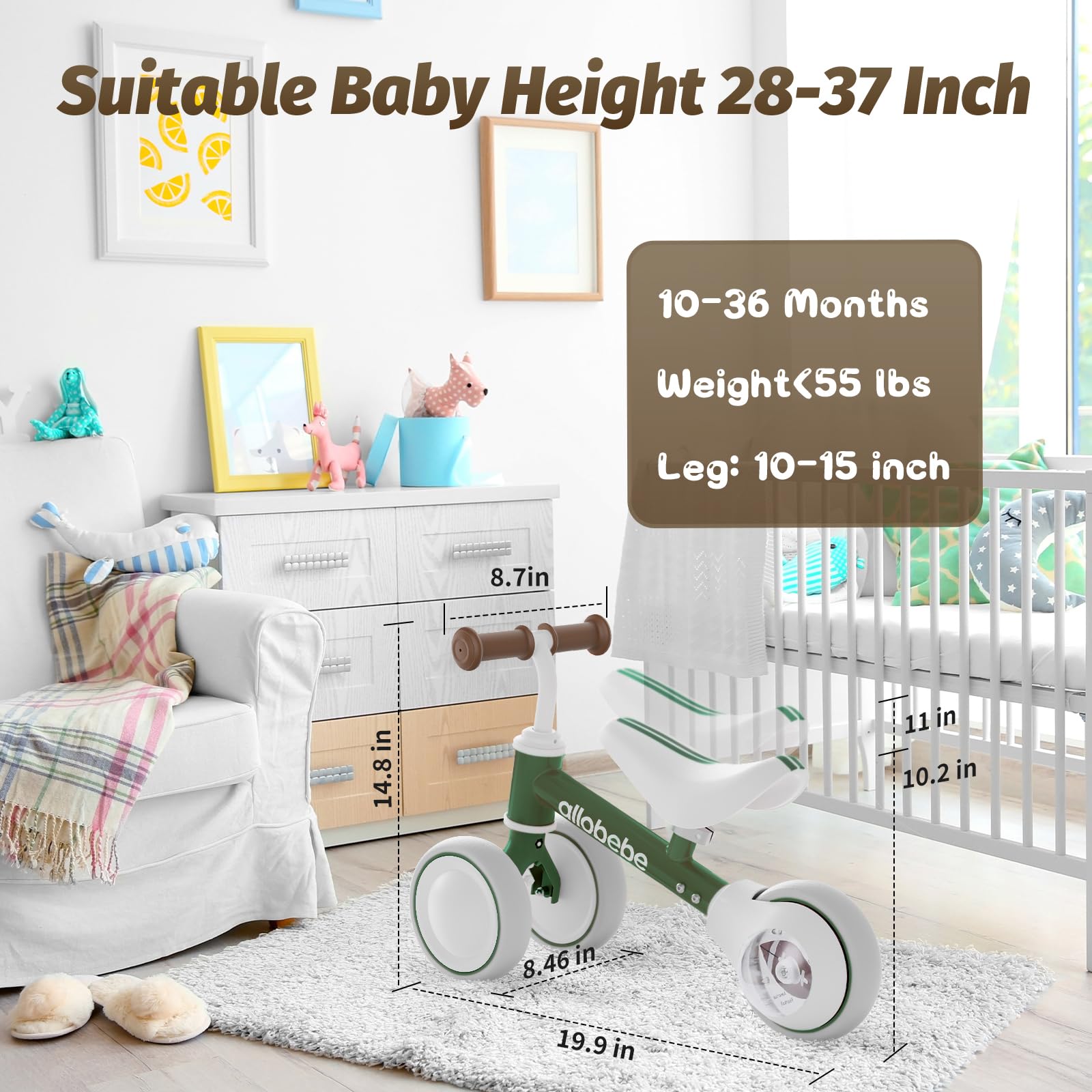 Allobebe Baby Balance Bike for Toddlers 12-36 Months - Adjustable Seat, Silent Soft 3 Wheels - First Bike Training from Standing to Running - Perfect Gift for 1 Year Old Girls - Indoor & Outdoor Play, Park Rides, Early Childhood Development