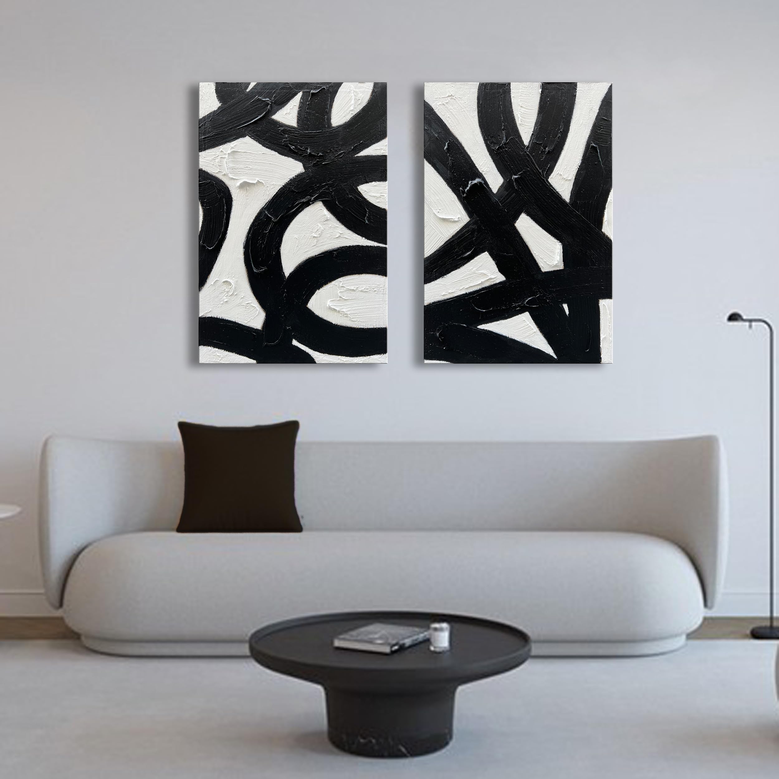 Modern Abstract Black & White Oil Painting - Minimalist Textured Wall Art Set (36x24 Inches, 2 Panels) - Perfect for Living Room, Bedroom & Office Decor