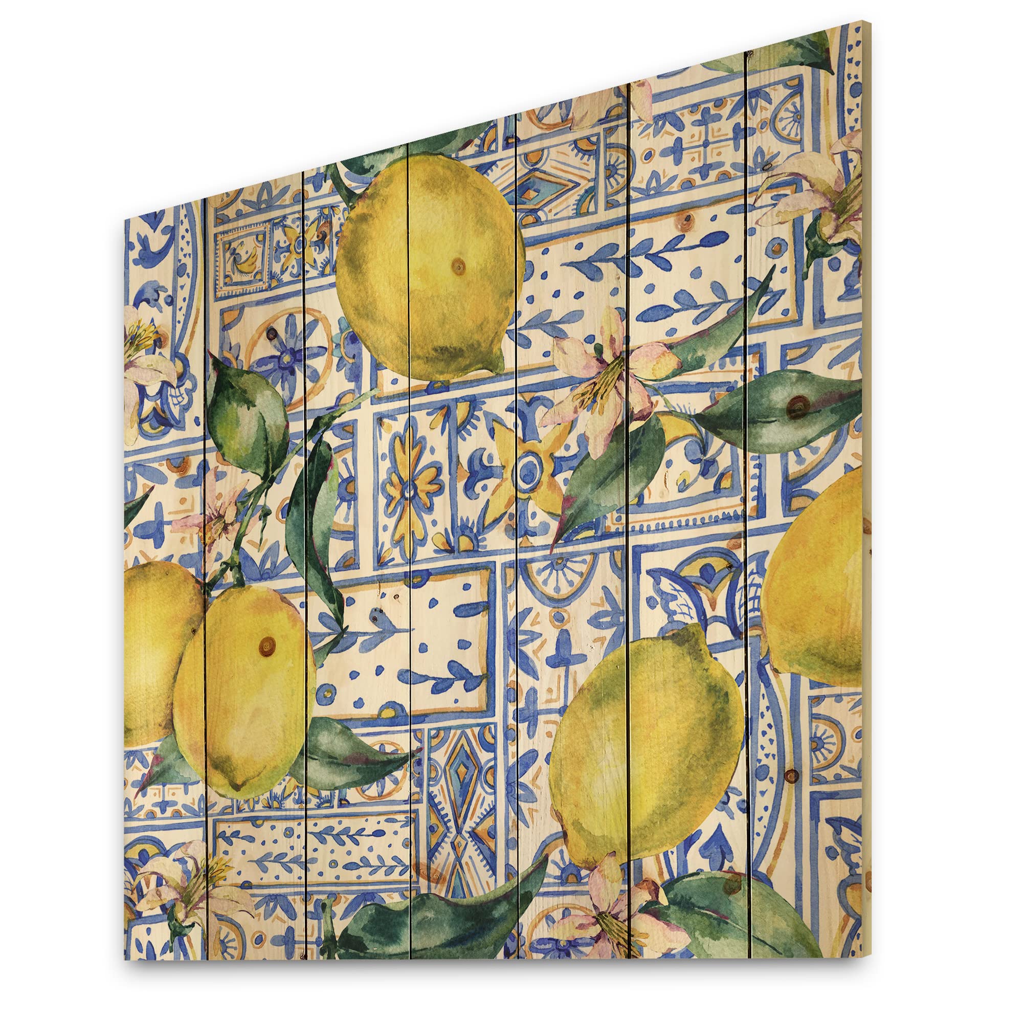 Lemon Wood Wall Art - Tropical Blue Geometric Decor for Kitchen & Dining