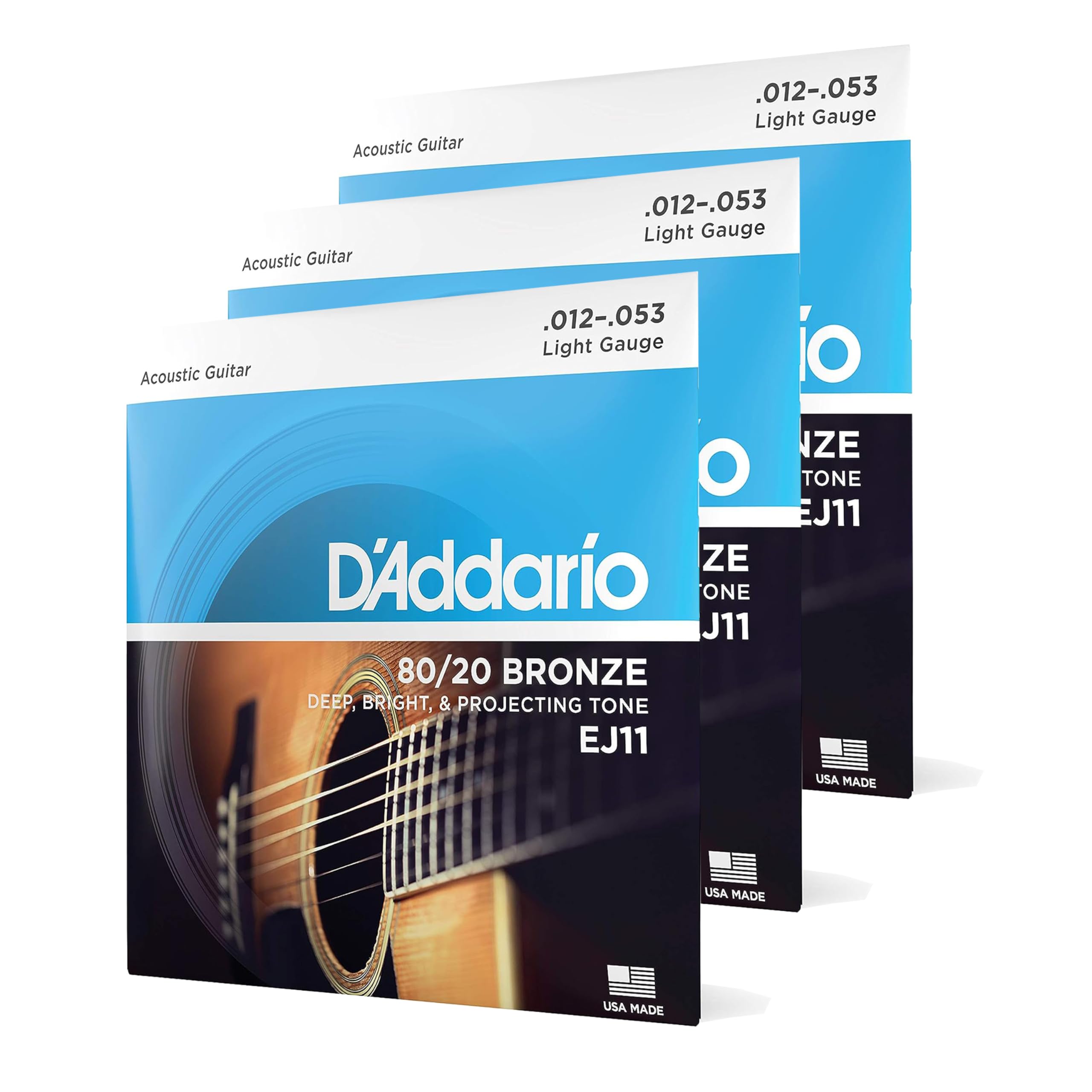 D'Addario EJ11-3D 80/20 Bronze Acoustic Guitar Strings - Light 12-53 Gauge, 3-Pack | Bright & Projecting Tone for Folk, Bluegrass & Live Performances