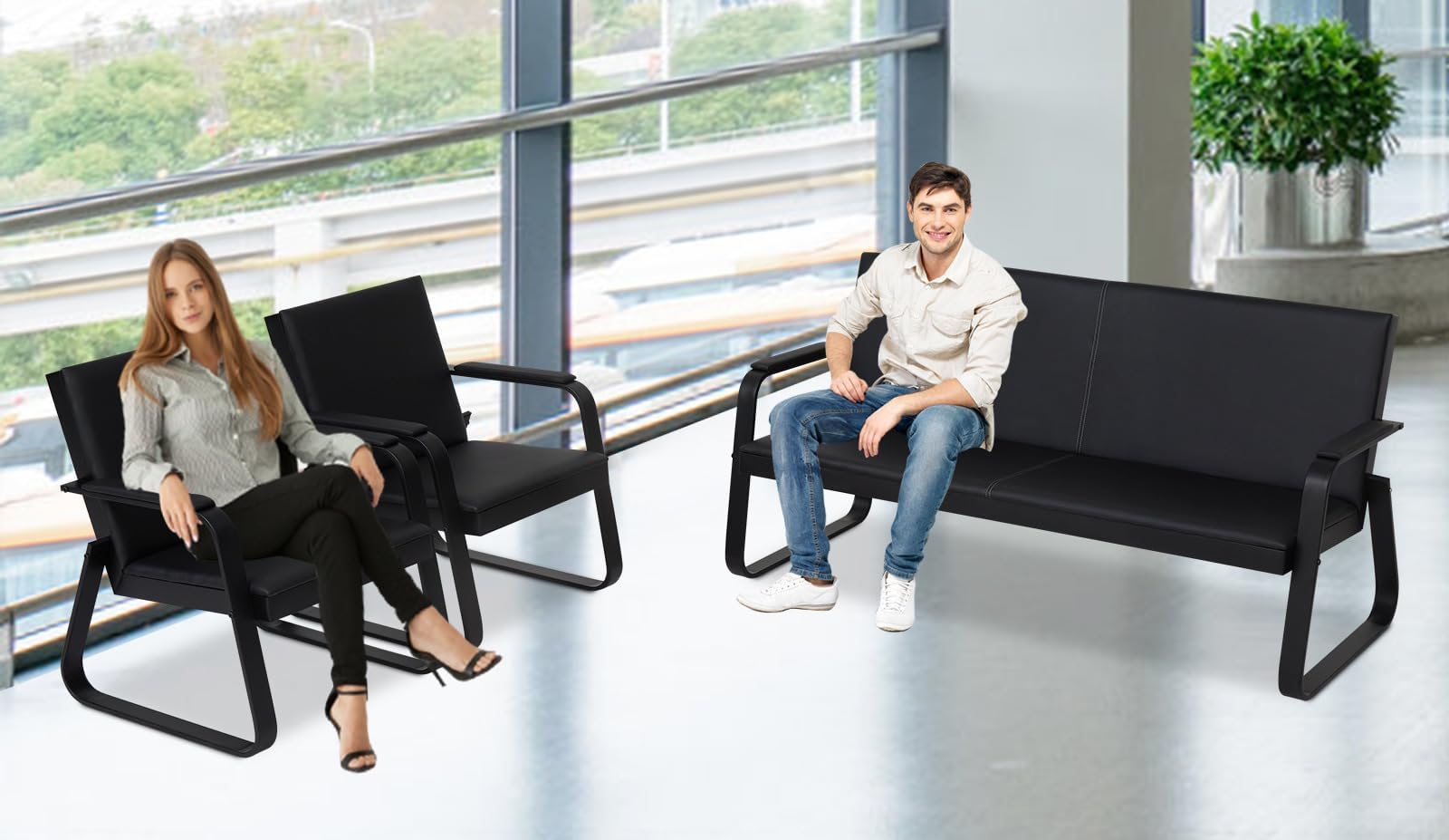 Kinsuite 5-Seat PU Leather Waiting Room Chairs - Modern Reception Guest Chairs for Office, Lobby, Airport, Barber Shop & Clinic - Durable Bench Seating with Comfortable Cushions