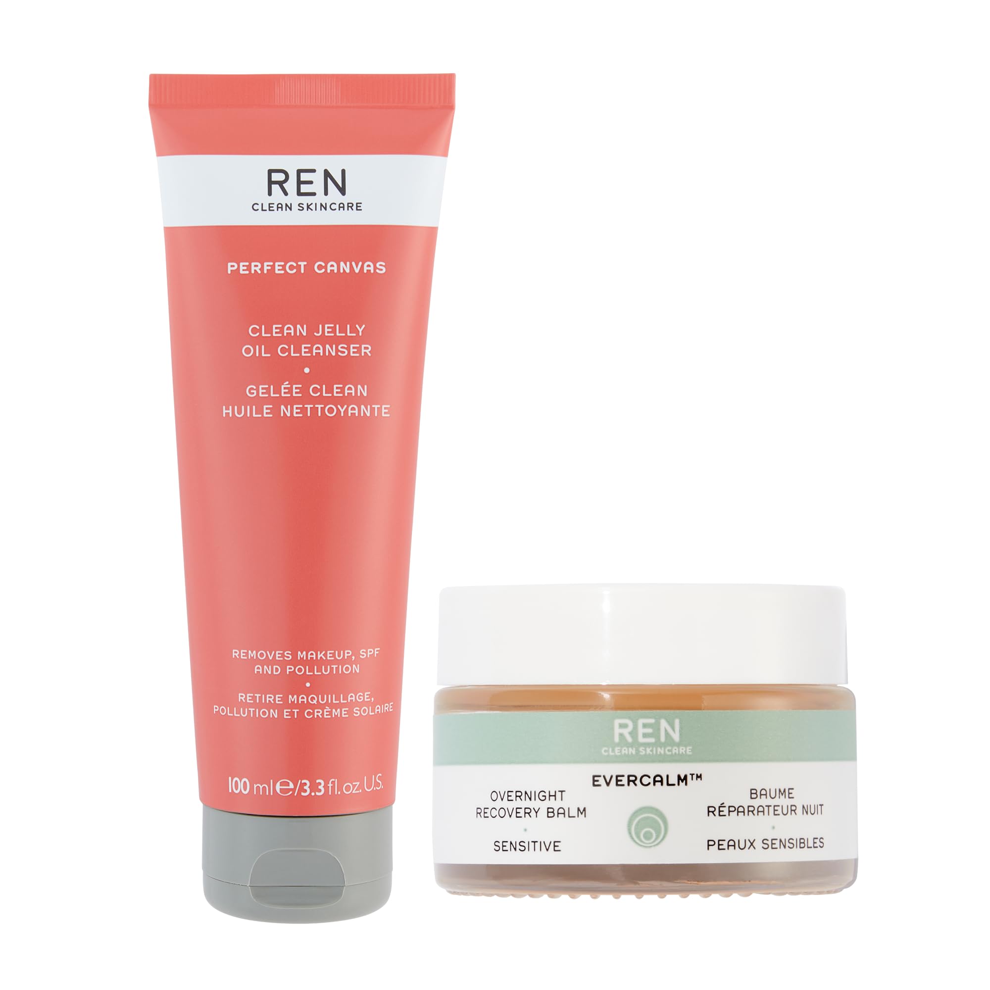 REN Clean Skincare Night Routine Set - Jelly Oil Cleanser & Evercalm Overnight Recovery Balm with Hydrating Omega 3 & 6 Antioxidants | Gentle Makeup Remover, Face Wash & Moisturizer for Dry & Sensitive Skin | Perfect for Evening Skincare & Post-Makeup Recovery