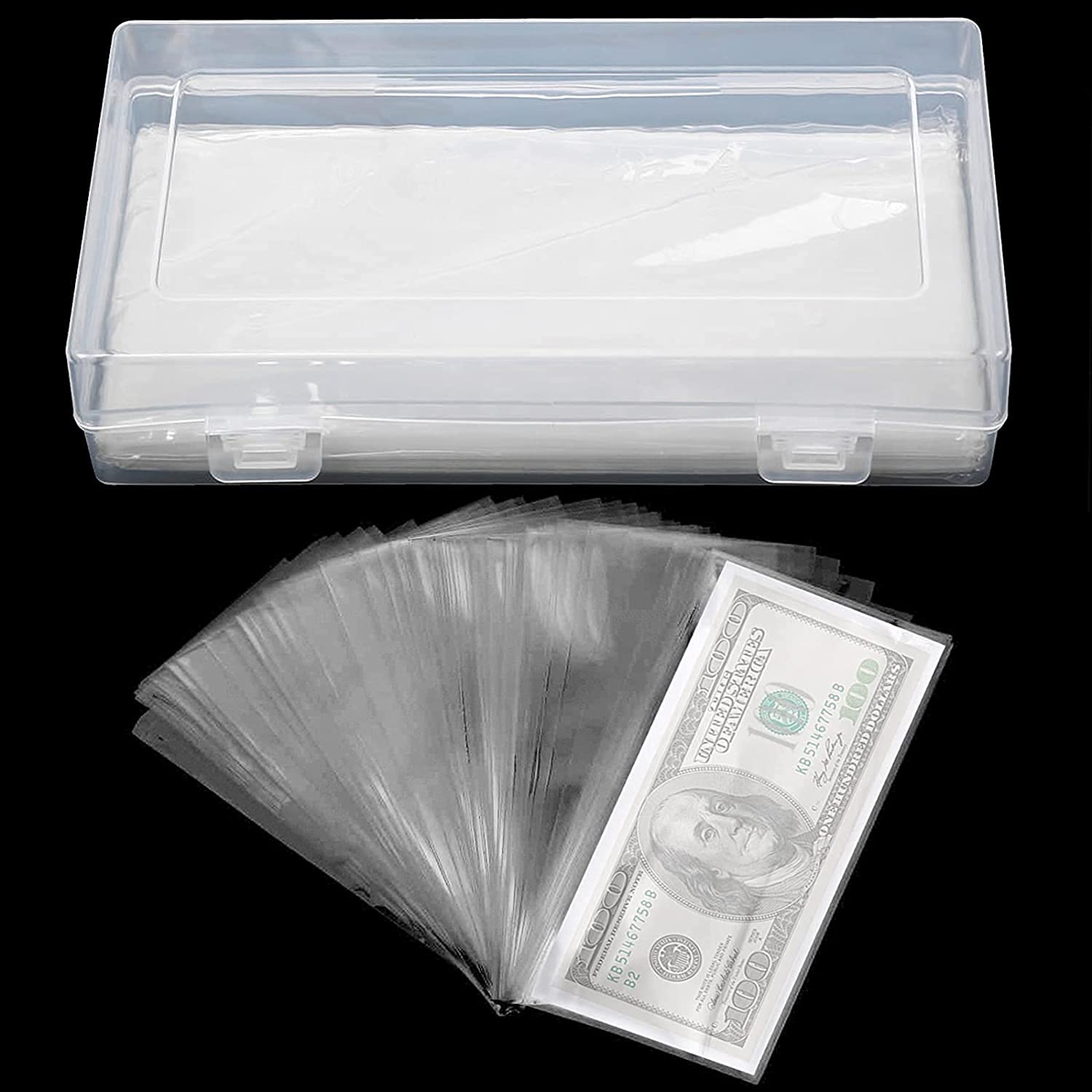 YASUOA 100-Piece Clear Plastic Money Holder with Storage Case - Currency Bill Protector Sleeves for Travel, Collecting & Cash Storage - Perfect for Banknote Collection, Album Organization & Dollar Bill Protection