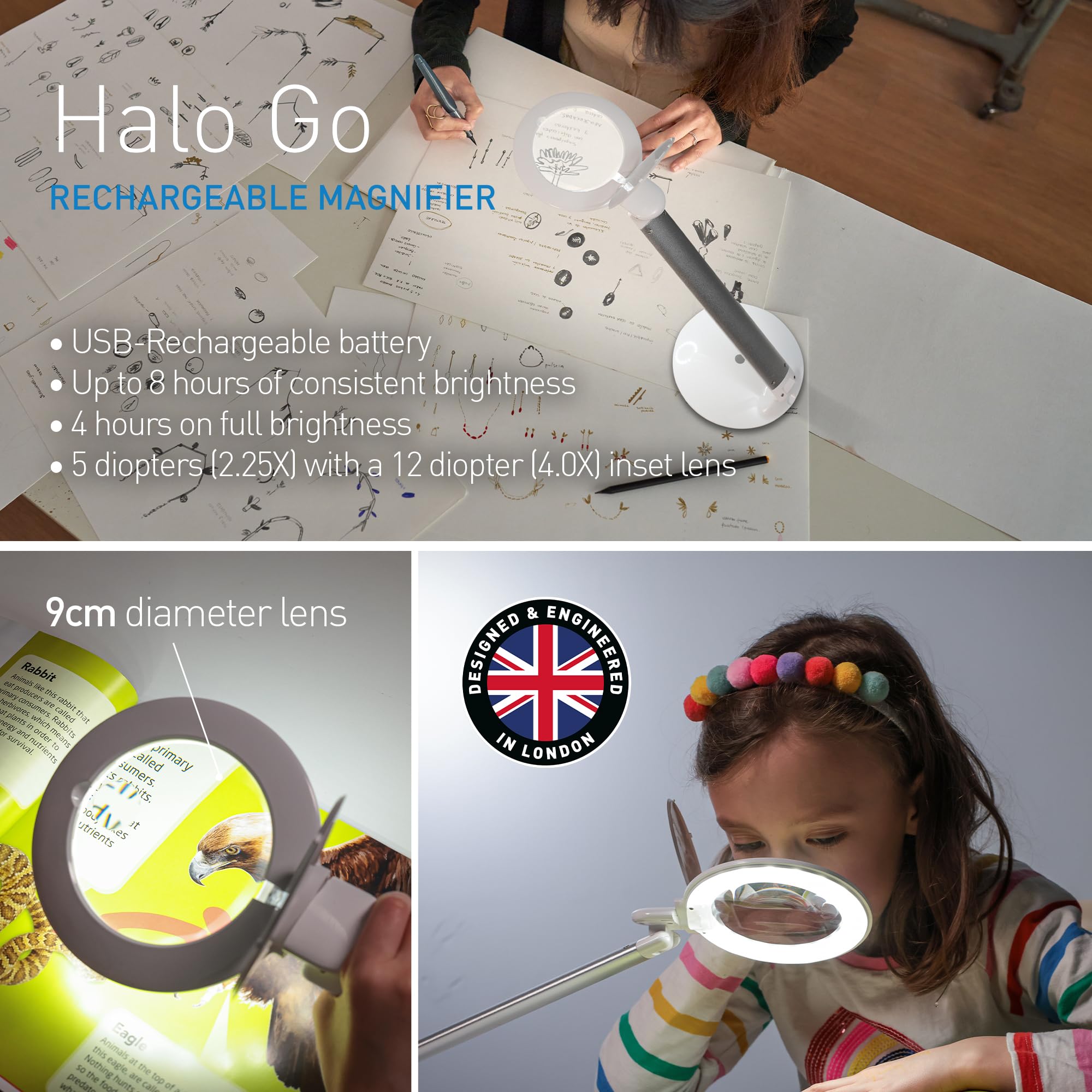Halo Go Rechargeable USB Magnifier Lamp - 6000K Daylight White, Portable & Lightweight Desk Light for Reading, Sewing, Crafts, Nail Art | Perfect for Home Office, Hobbyists & Salon Professionals