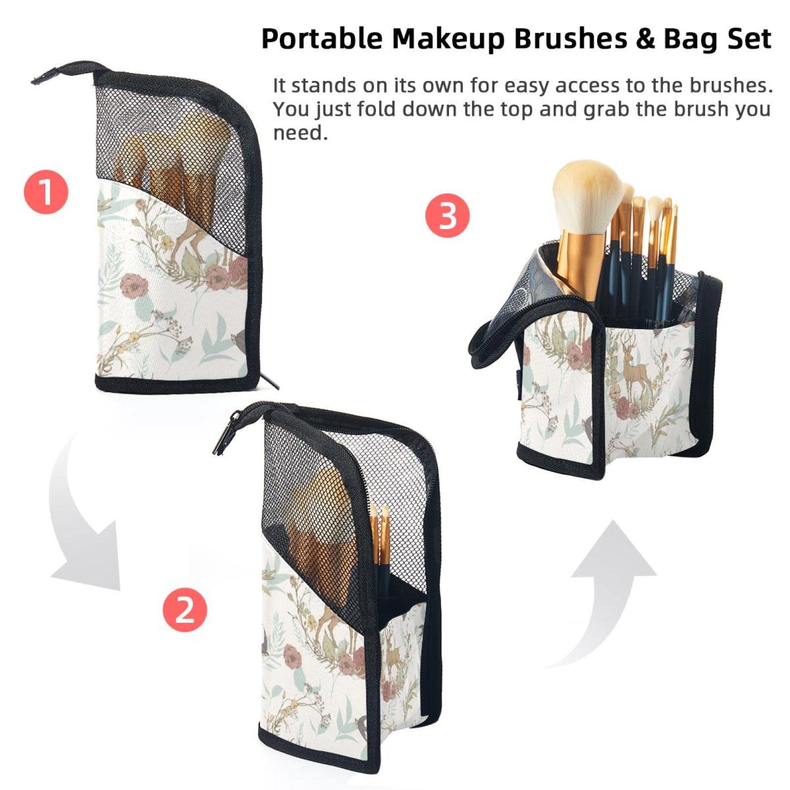 12-Piece Makeup Brush Organizer Bag with Floral Deer Print - Portable Cosmetic Brush Holder Case for Travel & Home Storage | Perfect for Makeup Artists & Beauty Enthusiasts