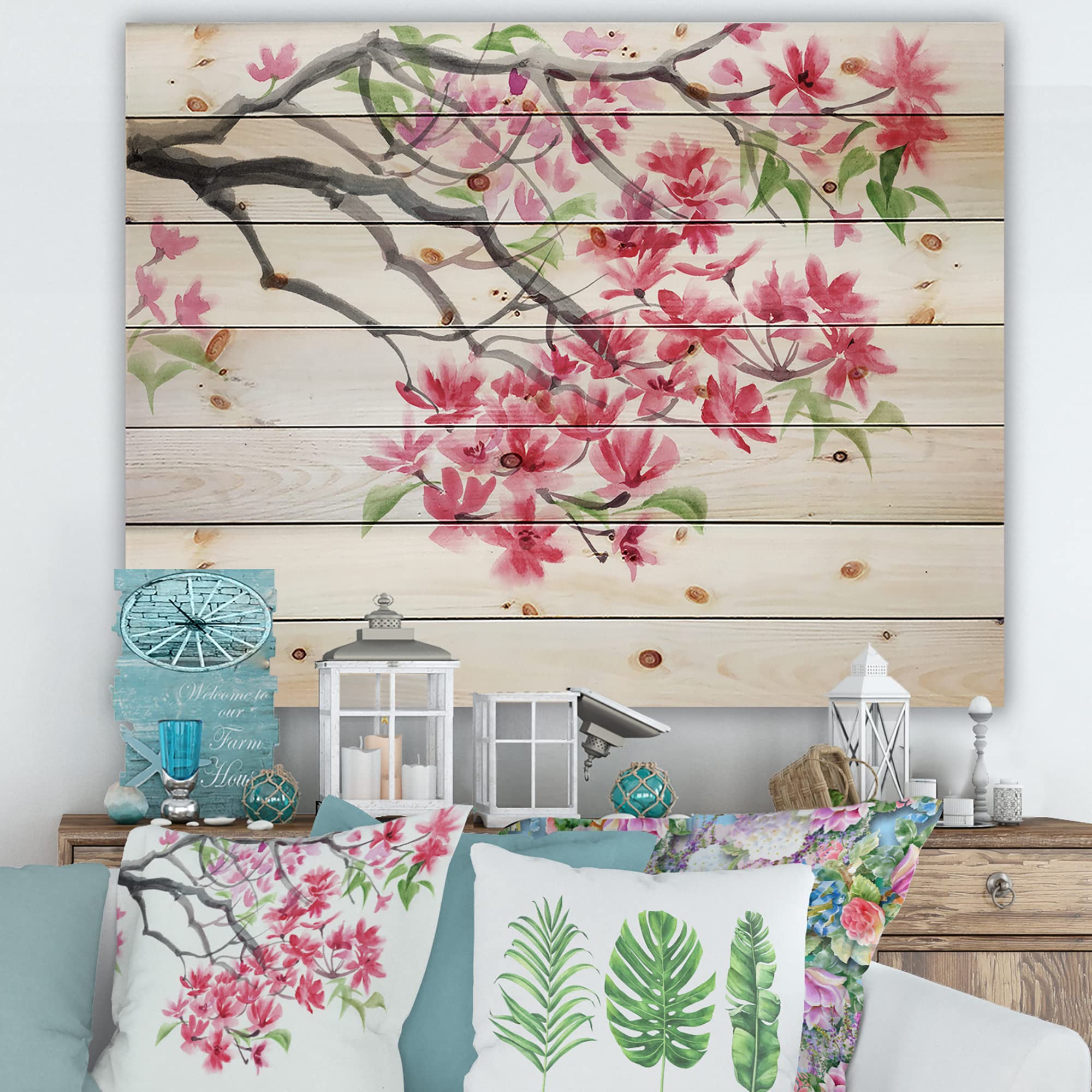 DesignQ Red Blossoming Tree Traditional Wood Wall Decor - Pink Floral Wood Art Panel, Large Pine Wood Wall Hanging for Living Room, Bedroom & Office Decoration
