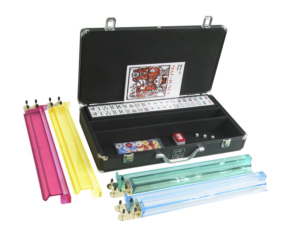 Premium American Mahjong Set with White Tiles, Pusher Arms & Durable Aluminum Case - Classic Black Design for Family Game Nights, Parties & Casino-Themed Events