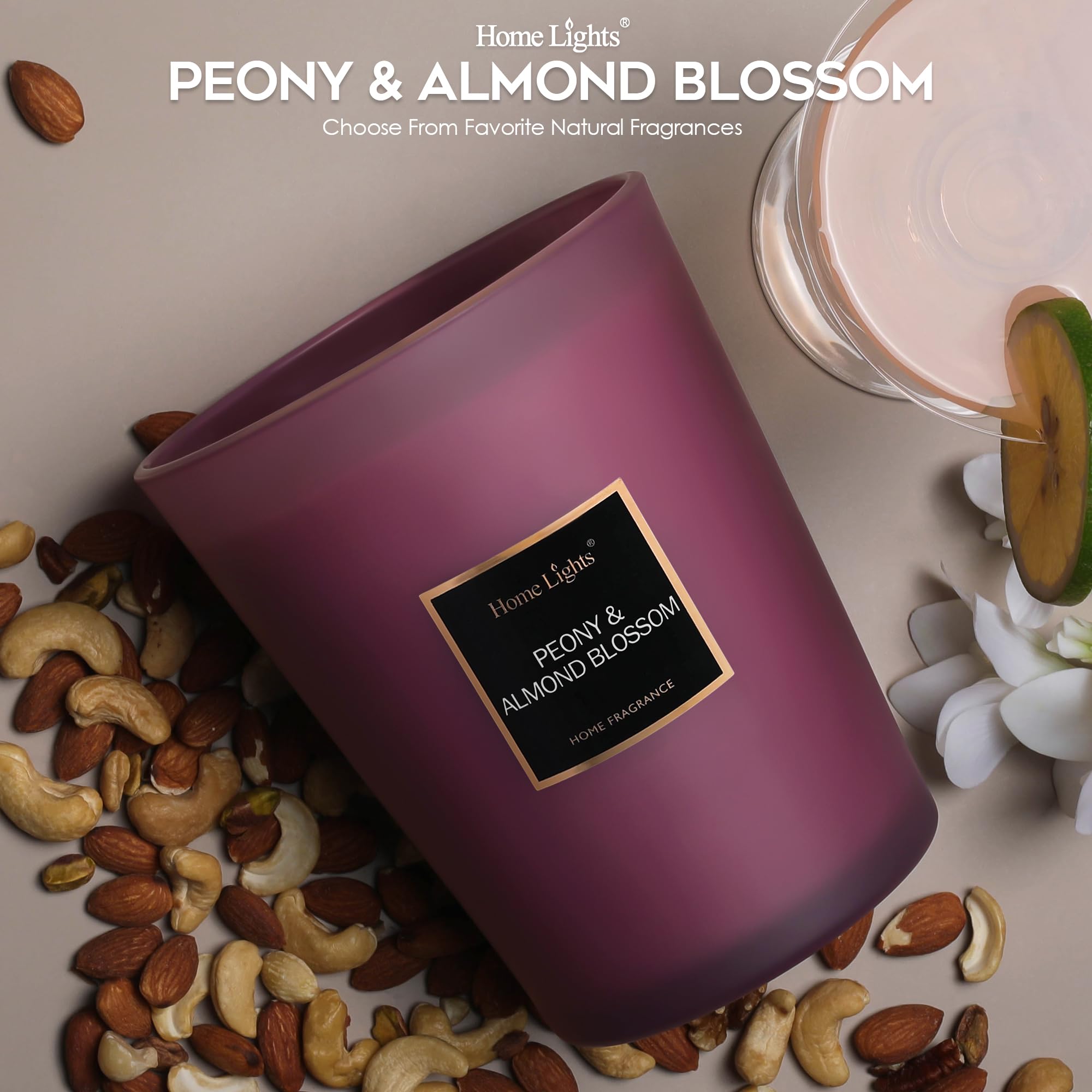 HomeLights Scented Candles - Large Jar Aromatherapy Candles with Natural Soy Wax, 130 Hours Long Burning, Peony & Almond Blossom Fragrance | Perfect for Relaxation, Meditation, Home Decor & Gift Giving