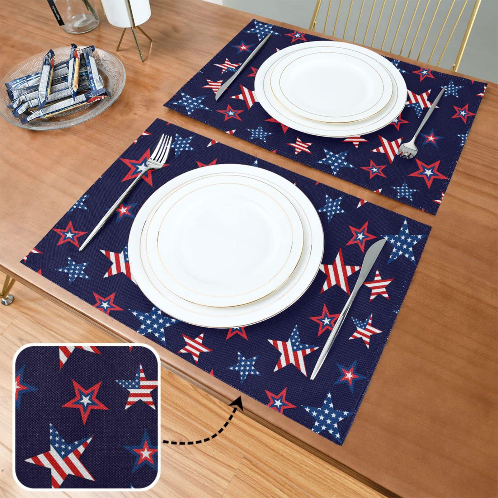 USA Flag Placemats Set of 4 - Patriotic American Stars Table Mats 12x18 Inch, Washable & Heat Resistant for Kitchen & Dining Table Decor | Perfect for 4th of July, Memorial Day & Everyday American Pride