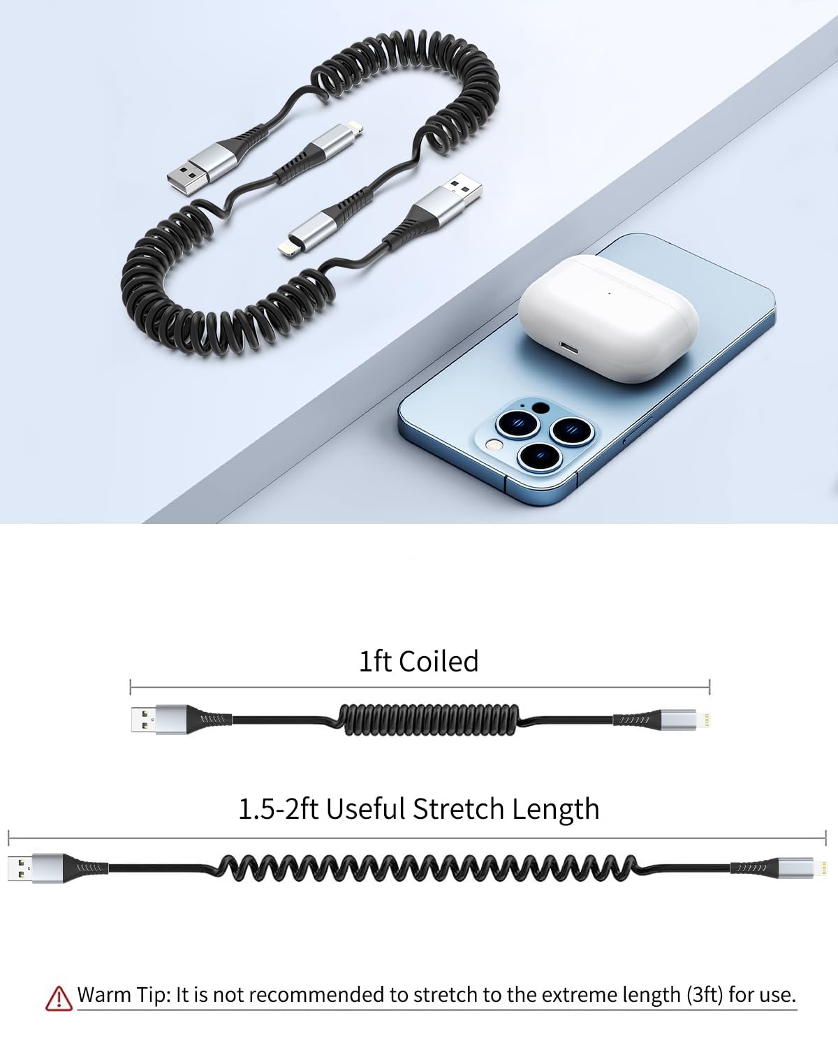 PEAKLIFT 2-Pack Coiled Lightning Cable for iPhone - Apple CarPlay Compatible, Retractable Short Charging Cable for iPhone 14/13/12/11 Pro Max/10/8 Plus/XR/SE & AirPods - Perfect for Car, Office & Travel Use