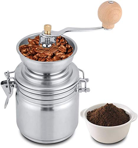 Premium Adjustable Stainless Steel & Ceramic Burr Coffee Grinder with Wooden Handle - Portable Manual Hand Mill for Fresh Coffee Beans, Spices, and Nuts - Perfect for Home, Camping, Travel & Barista Use (Sliver)