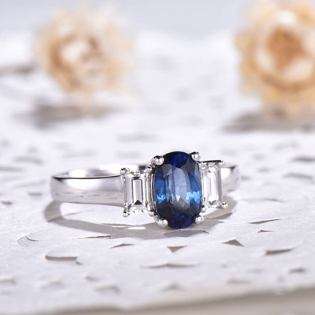 Vintage Natural Oval Cut Sapphire and Baguette Cut Moissanite Three Stone Engagement Ring for Women - Perfect for Proposals, Anniversaries, and Wedding Bands