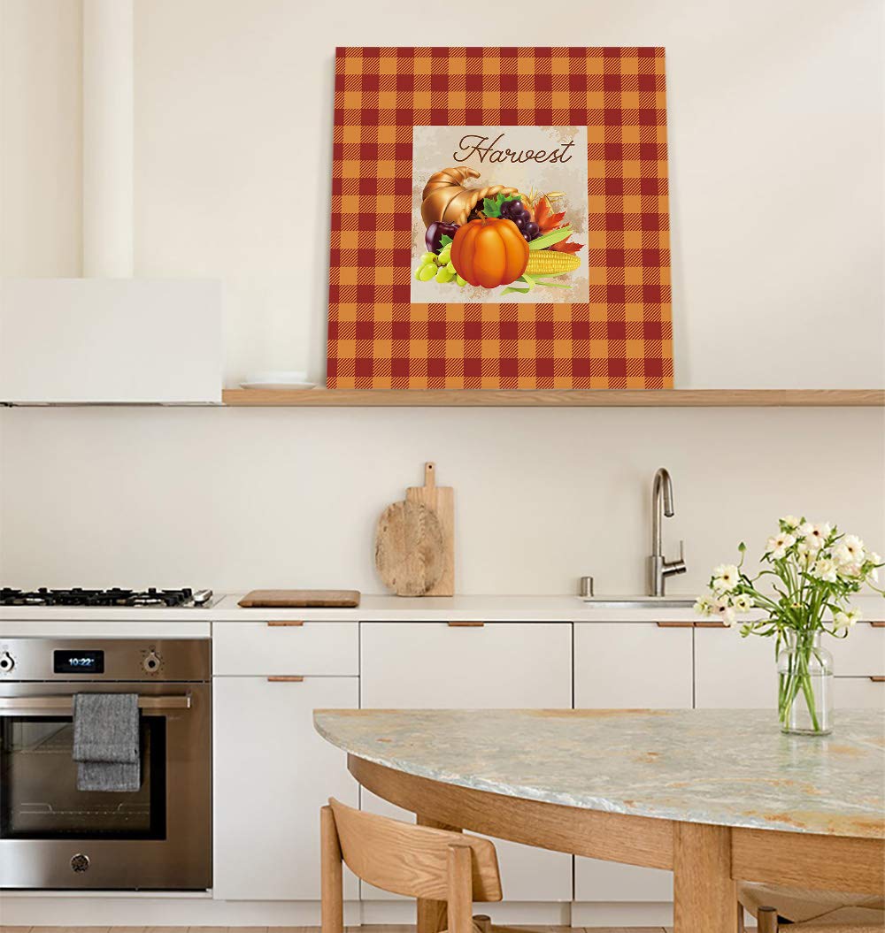 Thanksgiving Pumpkin Cornucopia Orange Buffalo Plaid Wall Art Canvas Prints - Stretched Framed Farmhouse Decor for Living Room, Bedroom, Kitchen | Harvest Season Oil Painting 28x28 Inch - Perfect for Autumn Home Decor & Holiday Gift Giving