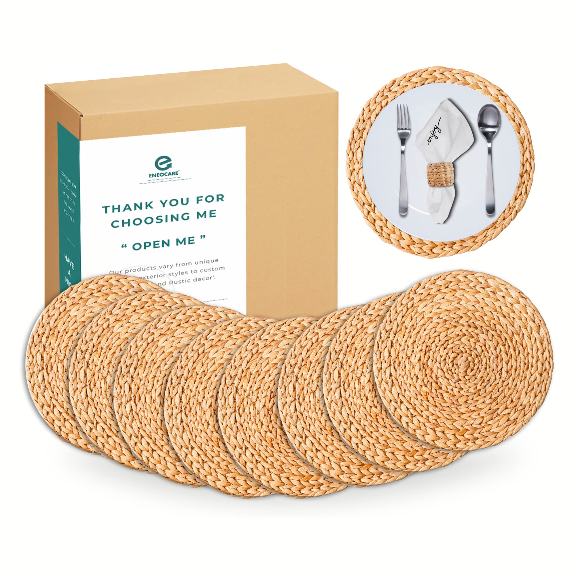 Round Woven Placemats Set of 8 - Natural Water Hyacinth Braided Straw Table Mats | Heat Resistant & Non-Slip Kitchen Dining Decor | Perfect for Farmhouse, Boho, and Coastal Style Home Decor (11.8 Inch)