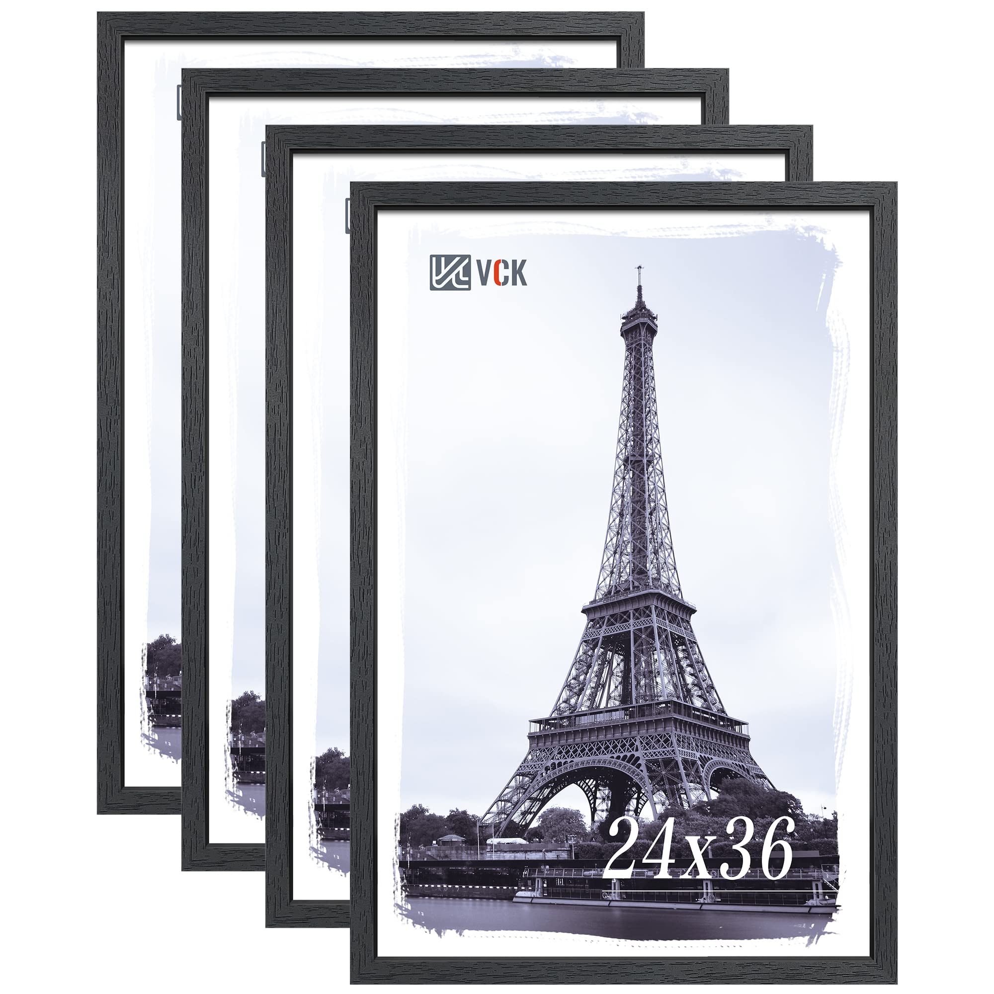 VCK 24x36 Inch Black Poster Frames 4 Pack - Solid Wood Textured Picture Frames for Wall Art, Gallery Display & Home Decor | Perfect for Living Room, Bedroom, Office & Gift Giving