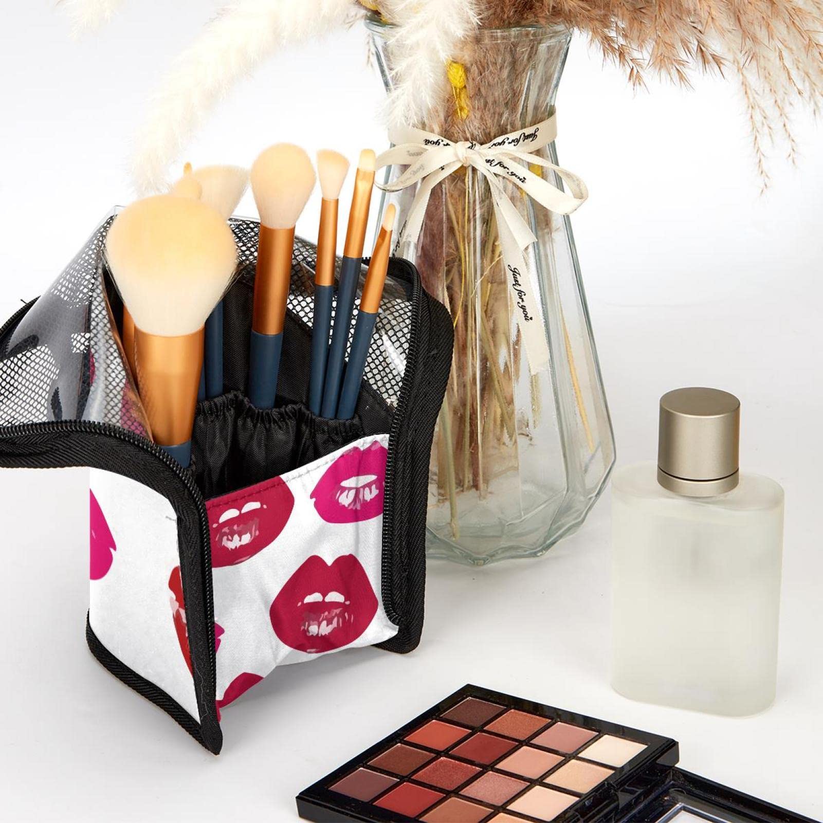 12-Piece Makeup Brush Organizer Bag with Portable Holder Case - Red Fire Lip Kiss Colorful Design for Travel & Home Storage
