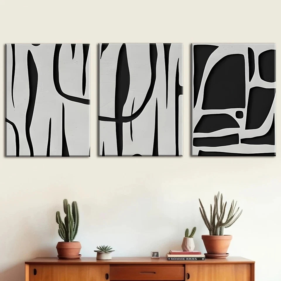 3-Piece Abstract Black Lines Gray Metal Wall Art - Ready to Hang Modern Home Decor for Living Room, Bedroom & Office