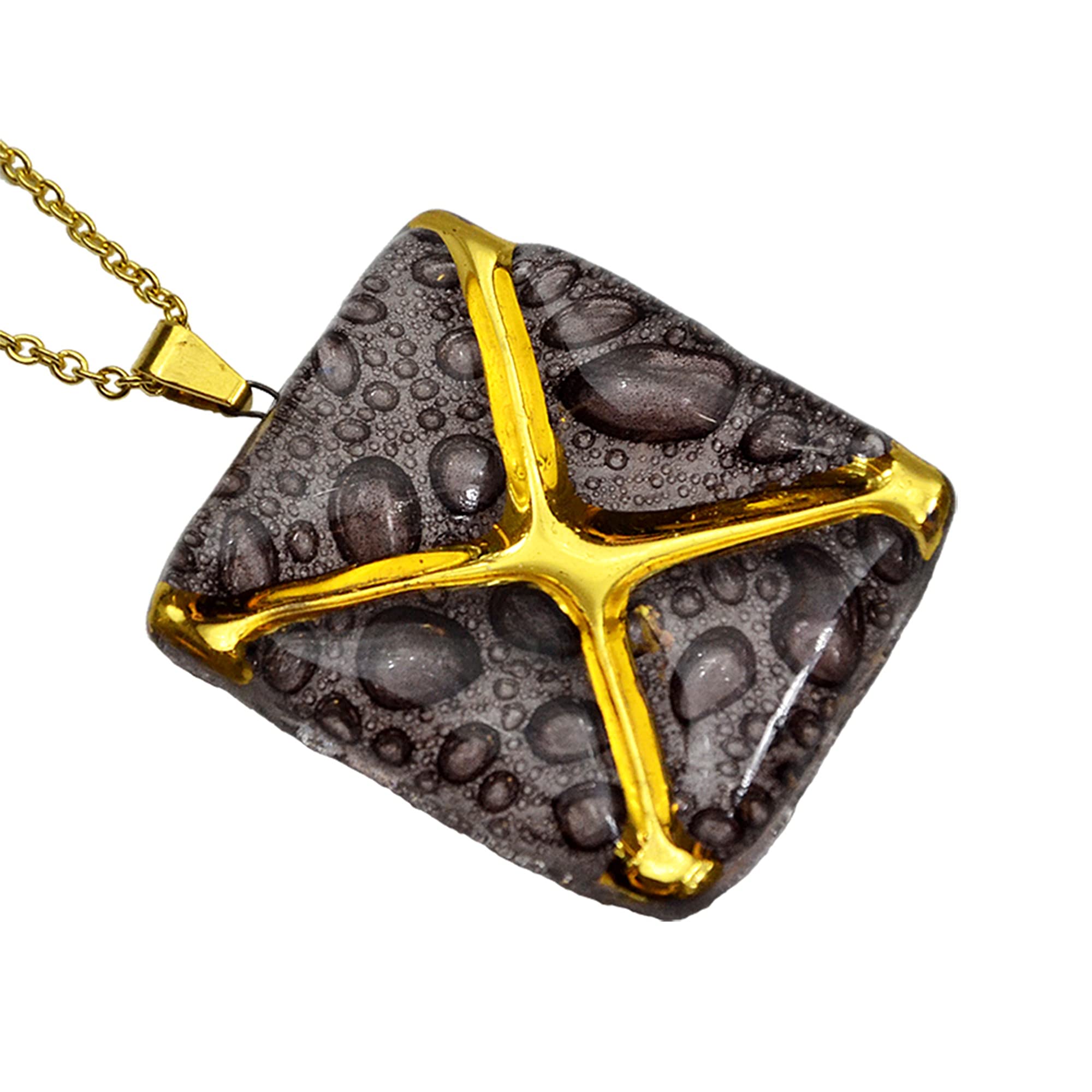 Handmade Czech Brown Bubble Glass Necklace with Gold Accents - Elegant Rectangular Pendant for Women | Perfect for Casual Wear, Office, and Special Occasions