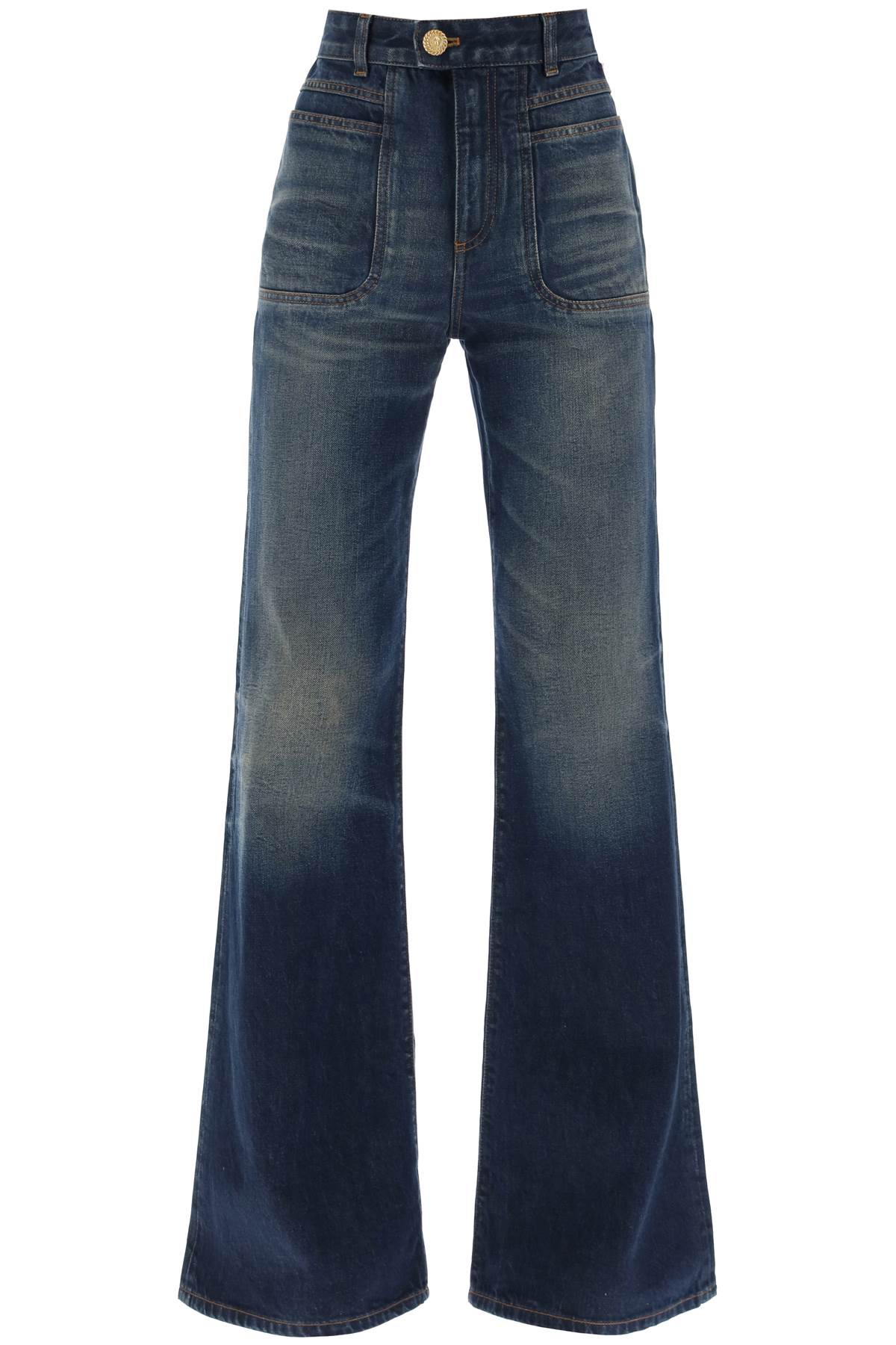 Balmain Women's Dark Wash Wide Leg Jeans - High Waist Stretch Denim Pants for Casual & Office Wear
