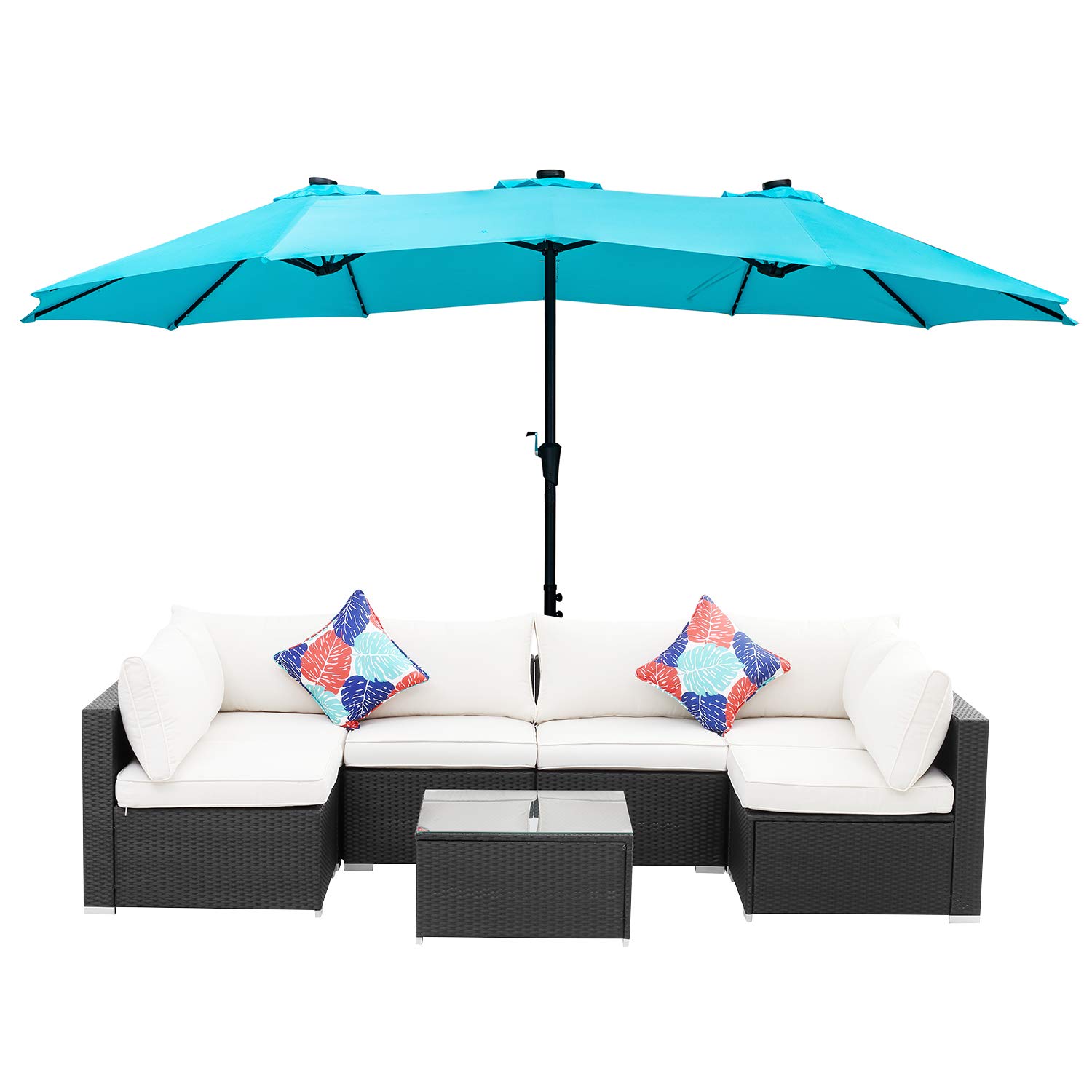 GDY 15Ft Solar Powered Patio Umbrella with 48 LED Lights - Double-Sided Outdoor Market Umbrella for Table, Aluminum Pole & Base Included (Blue) - Perfect for Backyard, Garden, Poolside & Outdoor Dining Areas
