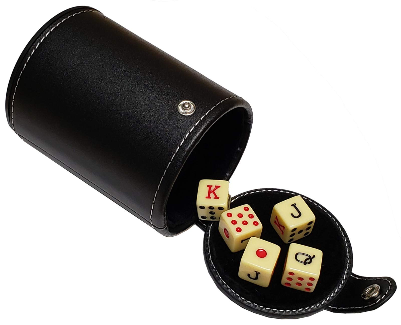 Set of 5 Spanish Poker Dice - 16mm Bone Tone Dice with Black PU Leather Velvet-Lined Cup & Storage Compartment | Casino Night, Poker Games, Gift for Players, Board Game Accessories