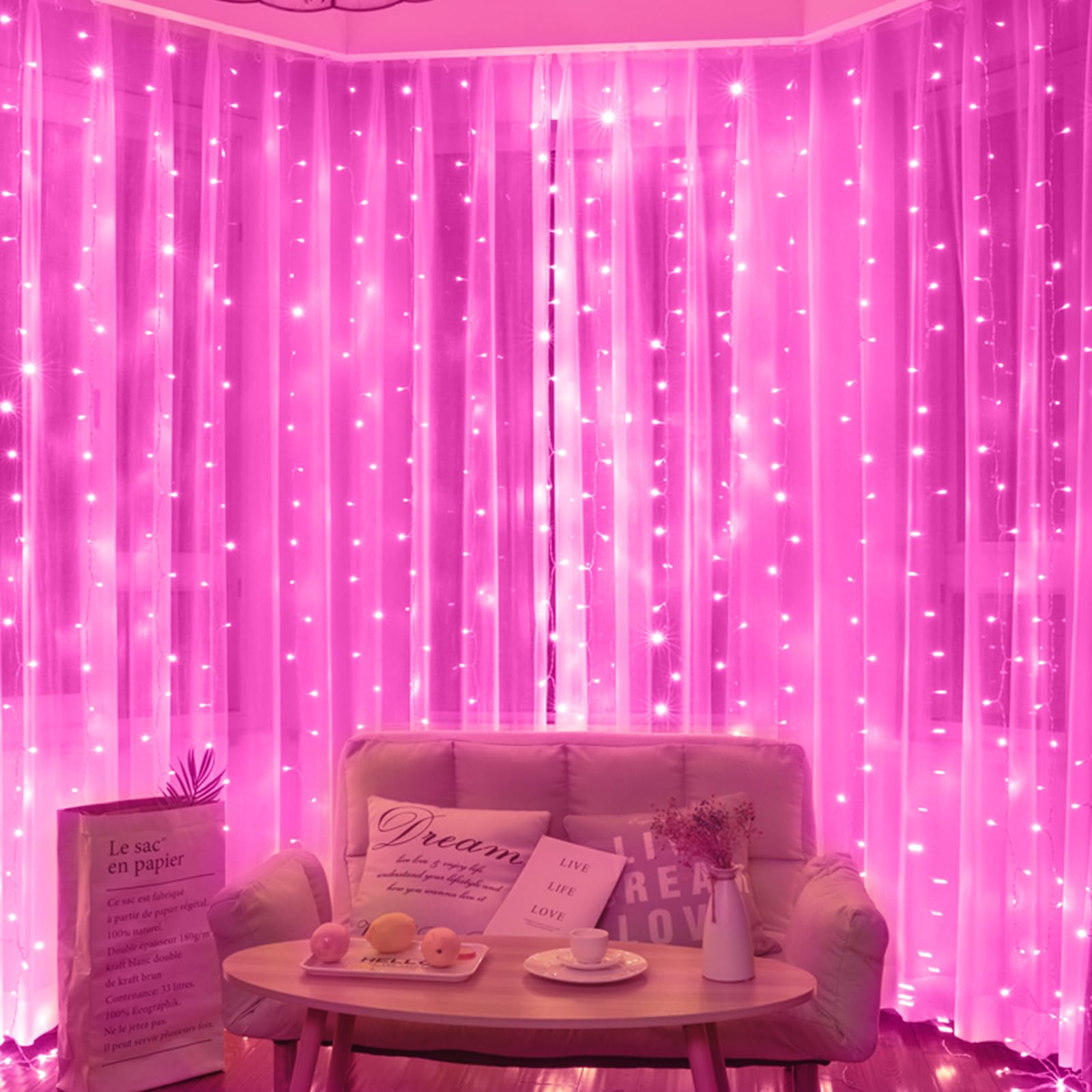 Brightown 300 LED Fairy Curtain Lights - 9.8ft Connectable String Lights with Remote Control, 8 Lighting Modes, Waterproof for Indoor & Outdoor Use - Perfect for Bedroom Decor, Window Hanging, Valentine's Day, Christmas Party, Wedding & Holiday Decorations (Pink)