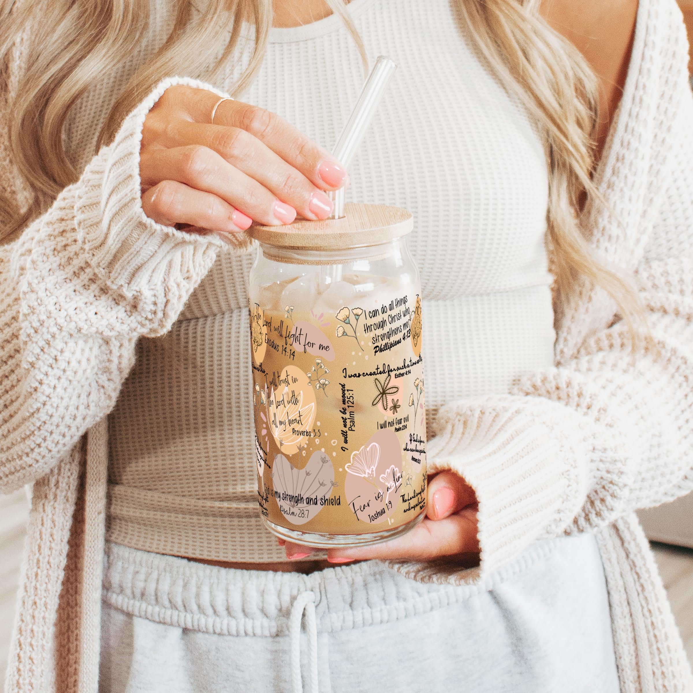 Christian Affirmation Iced Coffee Tumbler with Bible Verses - 20oz Glass Cup with Lid & Straw - Inspirational Christian Gift for Women & Men - Perfect for Church, Bible Study, Easter & Daily Devotions
