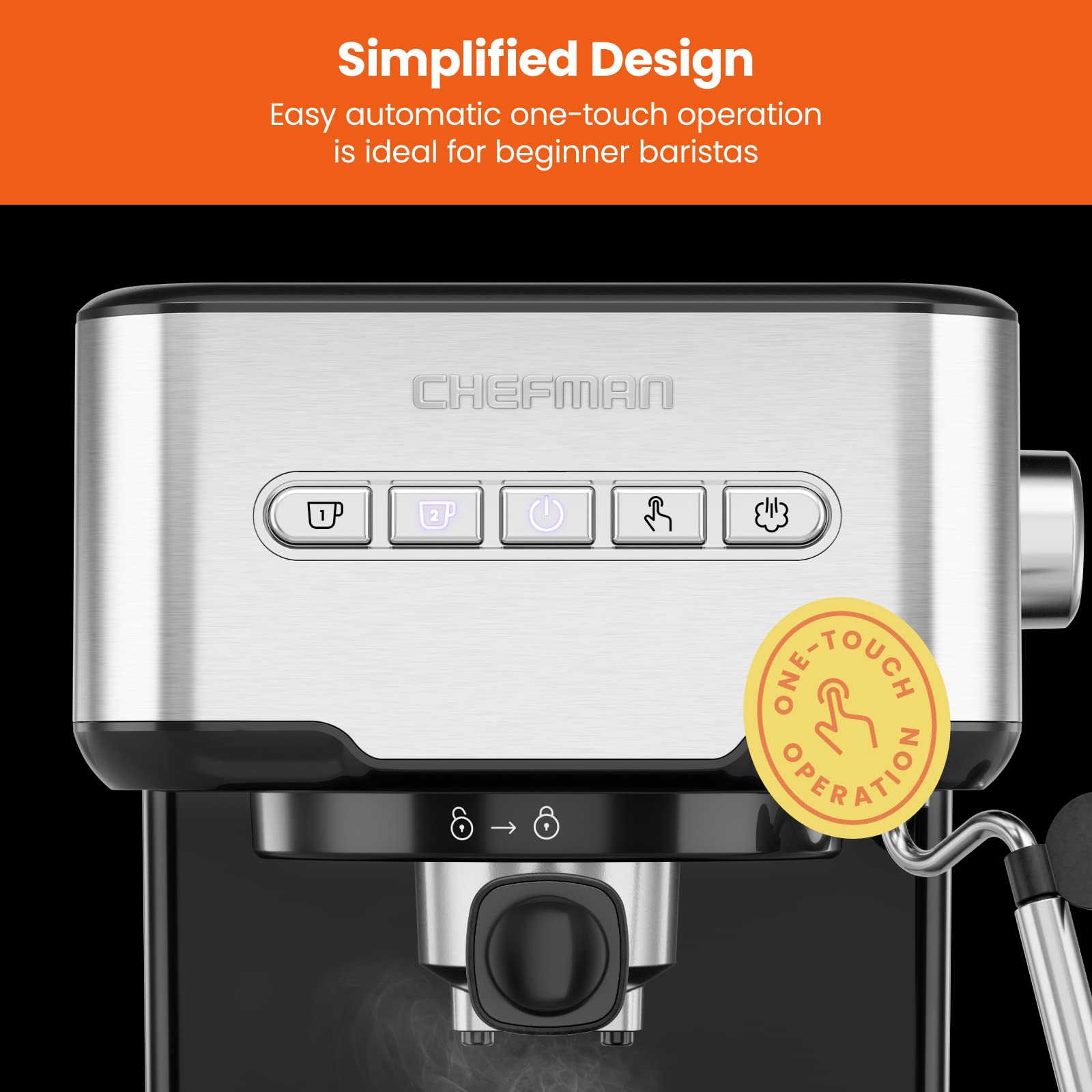 Chefman 6-in-1 Espresso Machine with Milk Steamer - One-Touch Single/Double Shot Coffee Maker for Cappuccino & Latte - Built-In Stainless Steel Milk Frother - Perfect for Home Baristas & Coffee Lovers