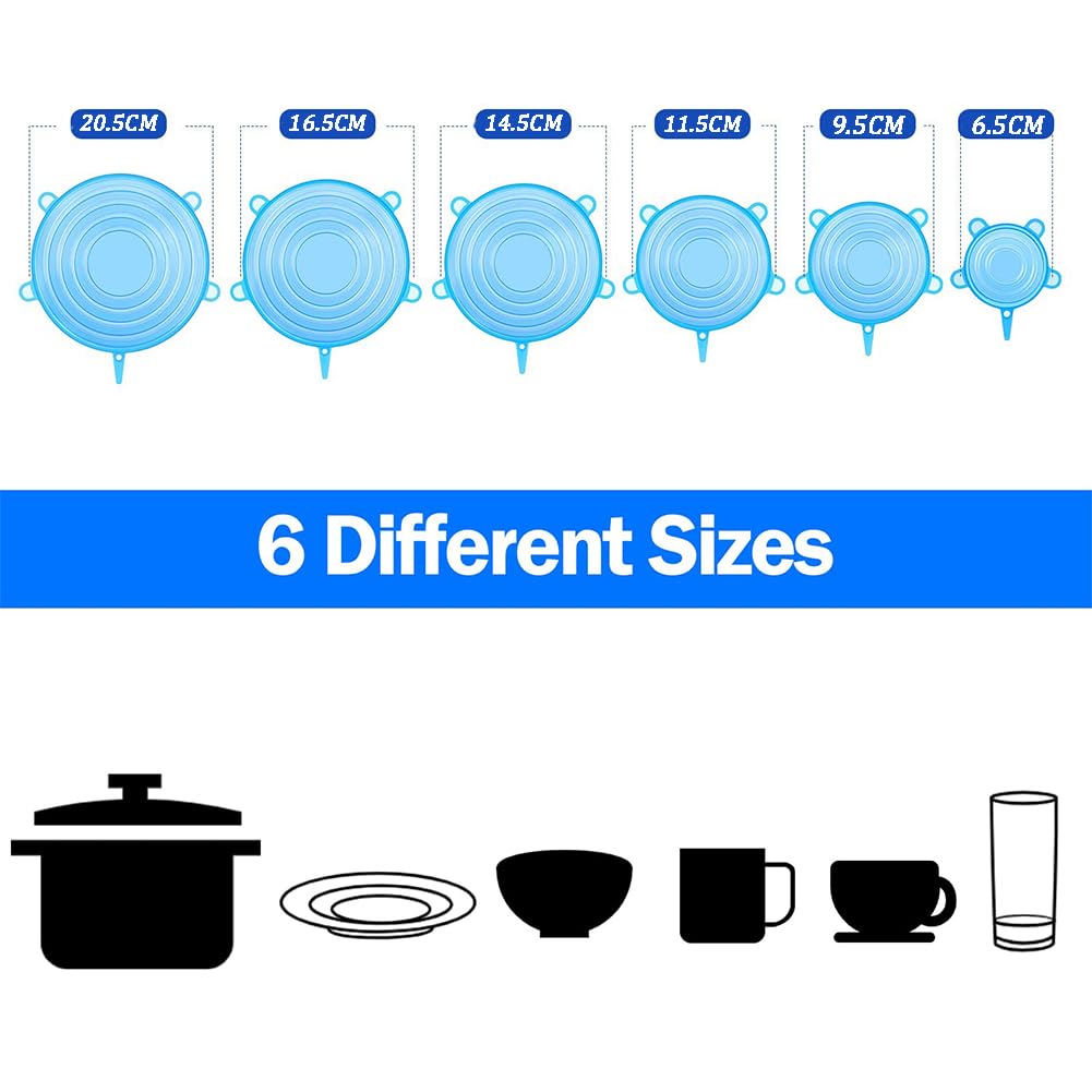 Stretchable Silicone Food Covers - Reusable Bowl Lids Set of 6 (Multiple Sizes) for Round, Square & Rectangular Containers | Perfect for Meal Prep, Leftovers Storage & Microwave Use