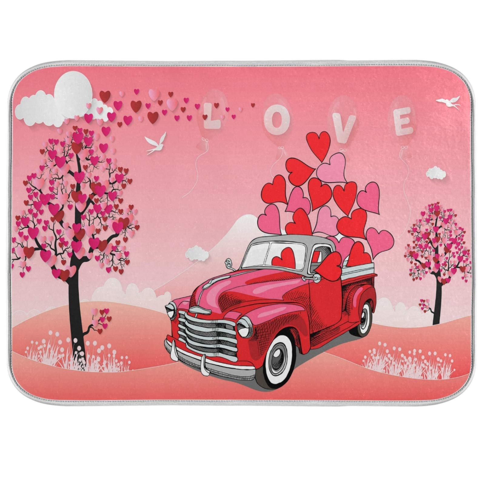 Valentine's Day Dish Drying Mat 18x24 Inch - Red Car Design for Kitchen Countertop | Perfect for Romantic Gifts & Home Decor