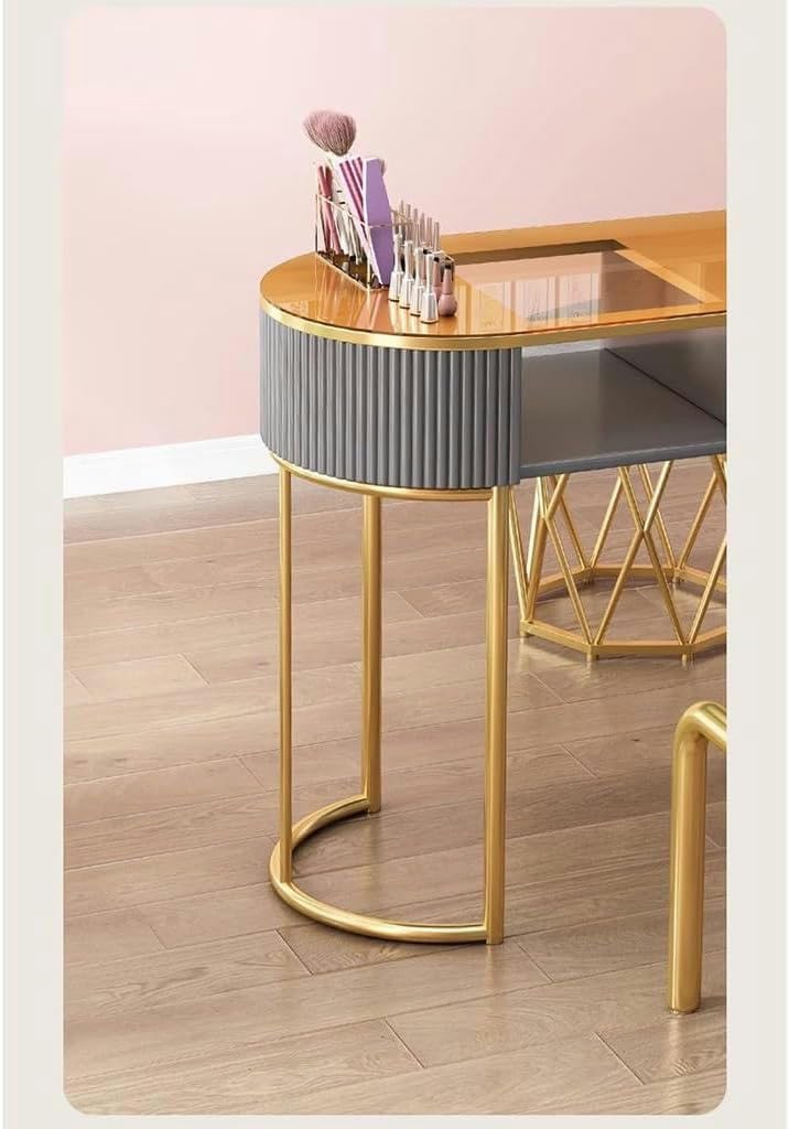 Portable Gold Manicure Table with Drawers & Shelves - 100x40x76cm Nail Desk for Salon & Spa - Glass Top Storage Equipment for Professional Nail Technicians - Perfect for Home & Commercial Use