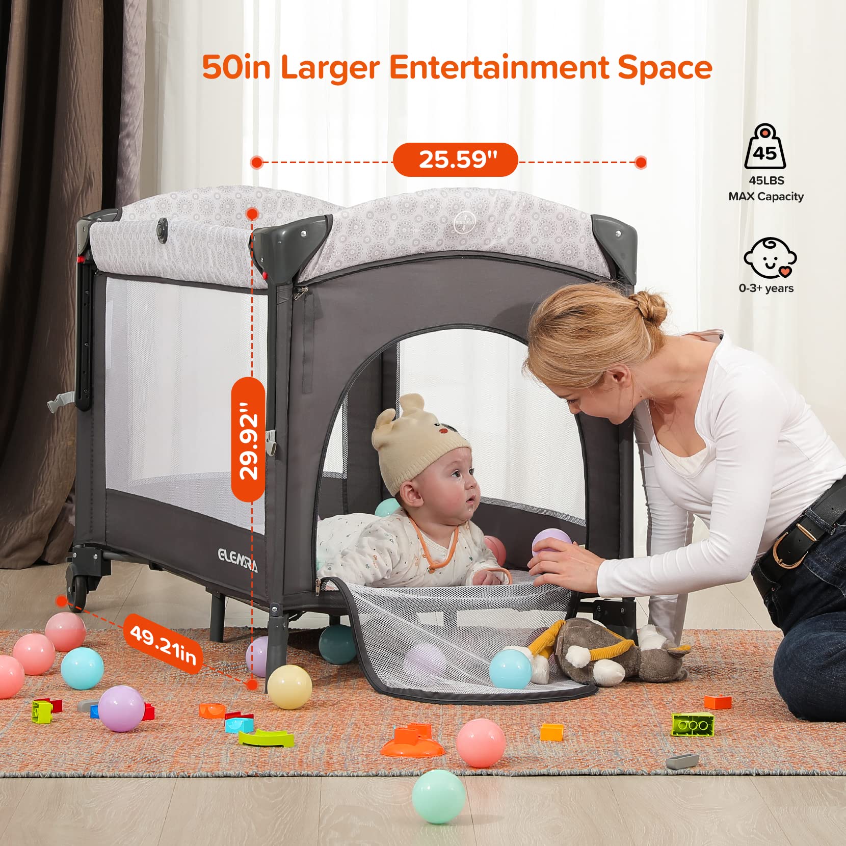 ELEMARA 4-in-1 Wide Baby Bassinet Bedside Sleeper with Diaper Changer | Adjustable Height Crib with Mattress, Sheet, Music & Blackout Cover | Playpen Travel Bed with Storage | XL Co-Sleeper for Newborns | Perfect for Nursery, Bedroom & Travel Use